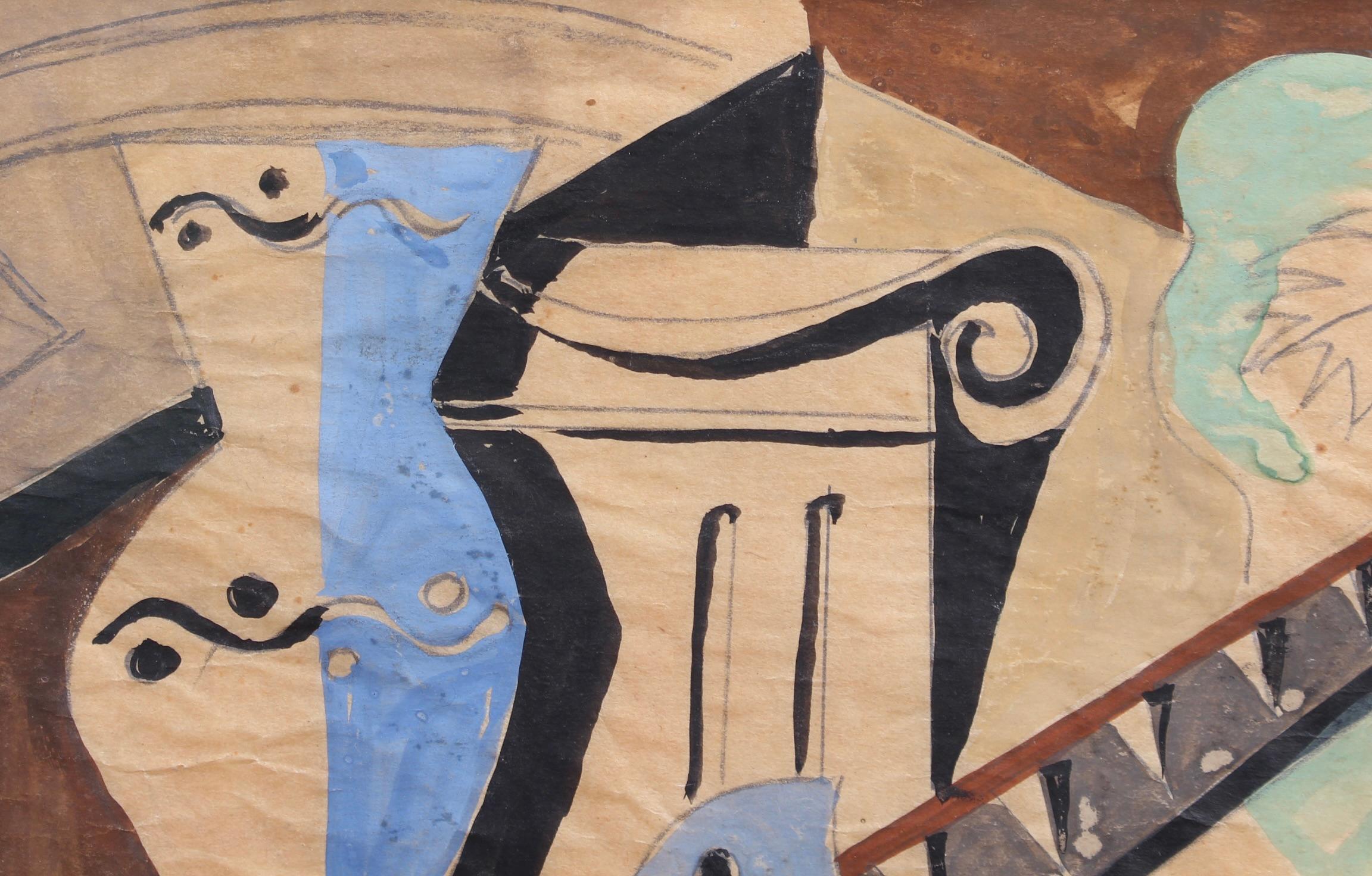 'Natura morta cubista', gouache su carta, della Scuola italiana di artisti (anni '40 circa). Sicuramente questo pezzo molto attraente è stato ispirato dallo stile cubista di Juan Gris (1887-1927) e Georges Braque (1882-1963), per non parlare della