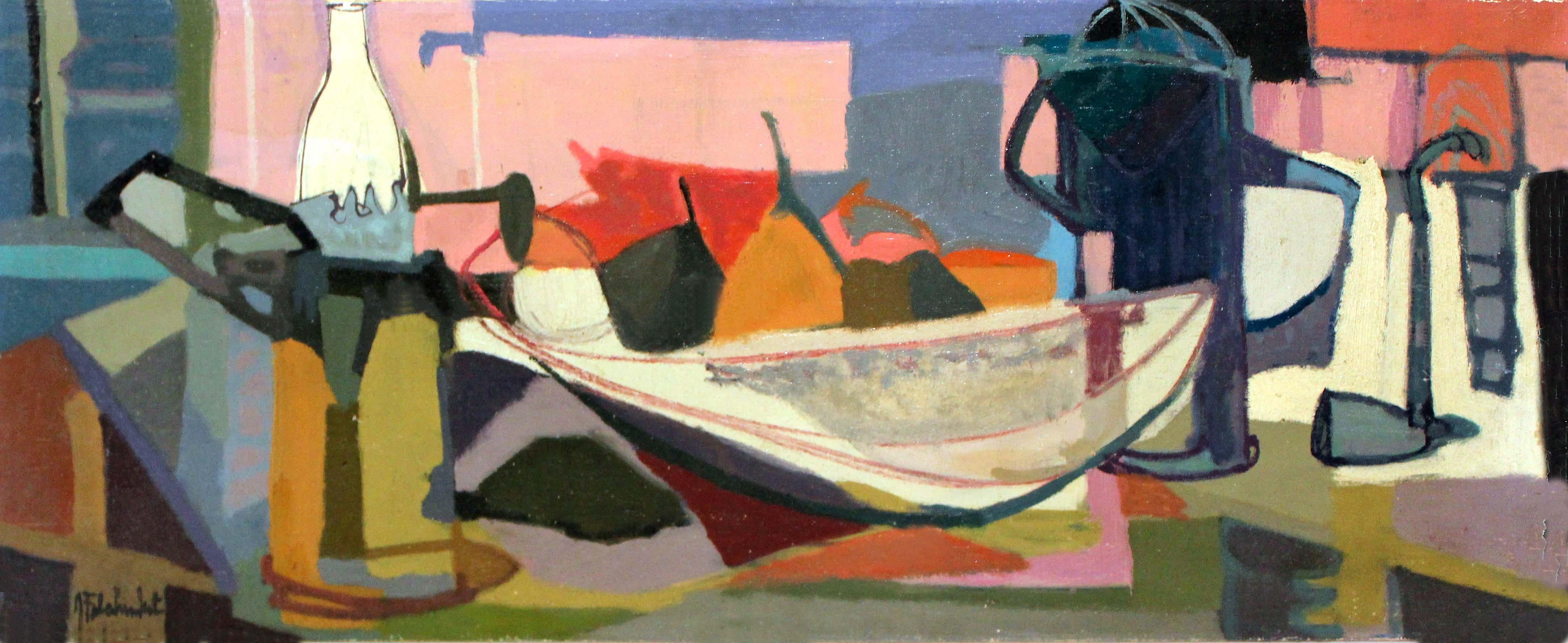 Kubistisches Stillleben Ölgemälde Wein Obst Kaffee Amerikaner 1960 Gerahmt – Painting von Unknown