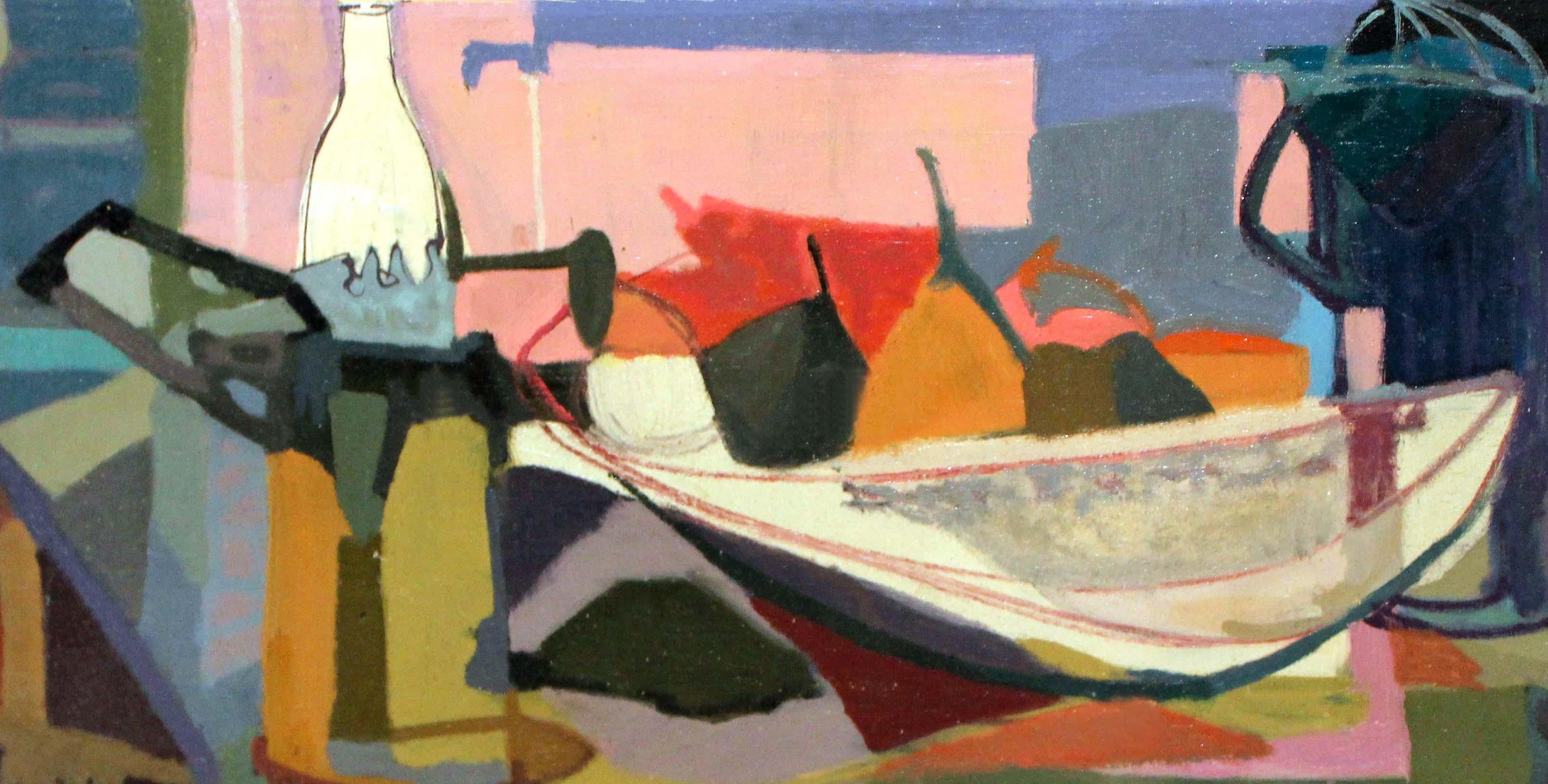 Kubistisches Stillleben Ölgemälde Wein Obst Kaffee Amerikaner 1960 Gerahmt (Kubismus), Painting, von Unknown