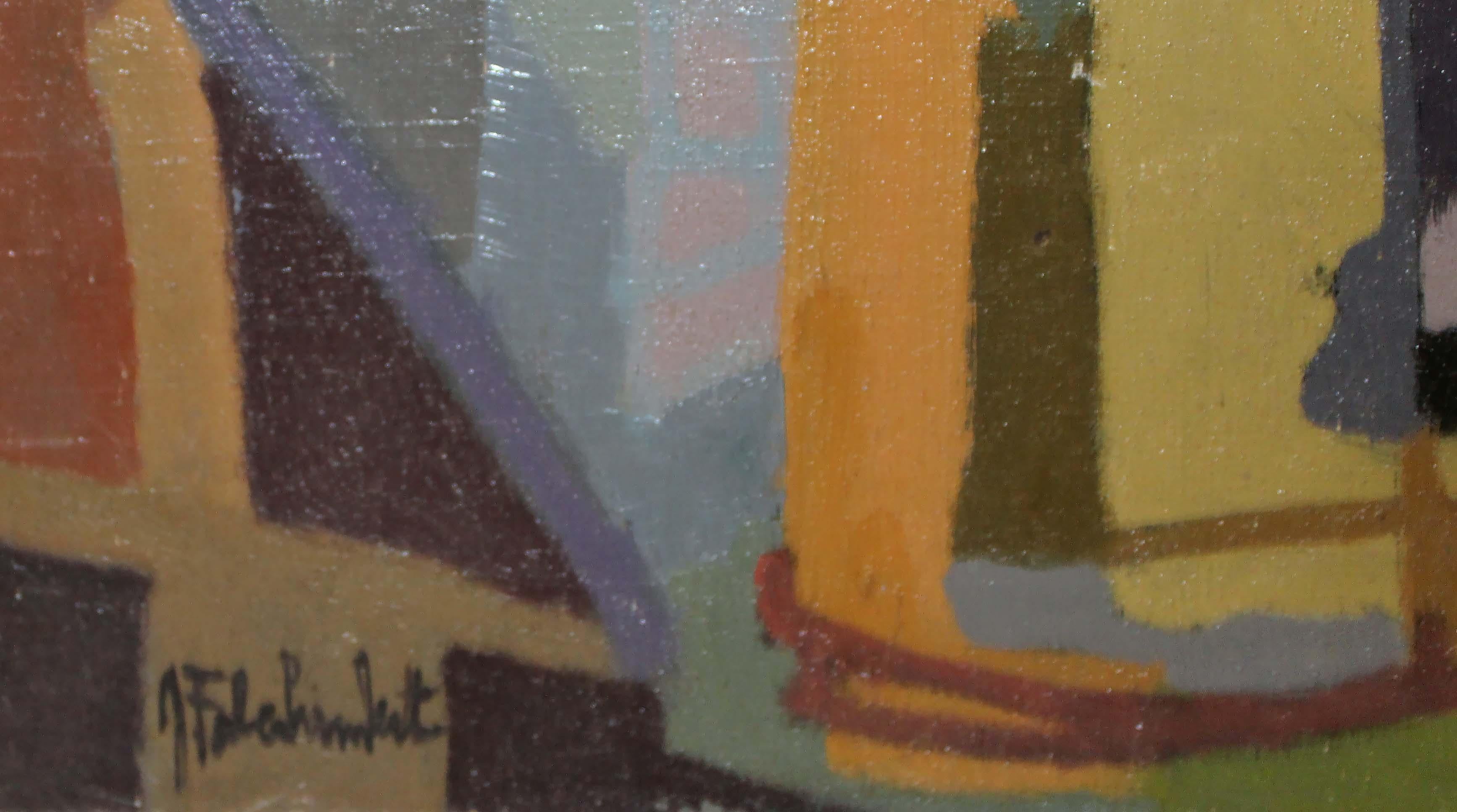 Kubistisches Stillleben Ölgemälde Wein Obst Kaffee Amerikaner 1960 Gerahmt (Schwarz), Still-Life Painting, von Unknown