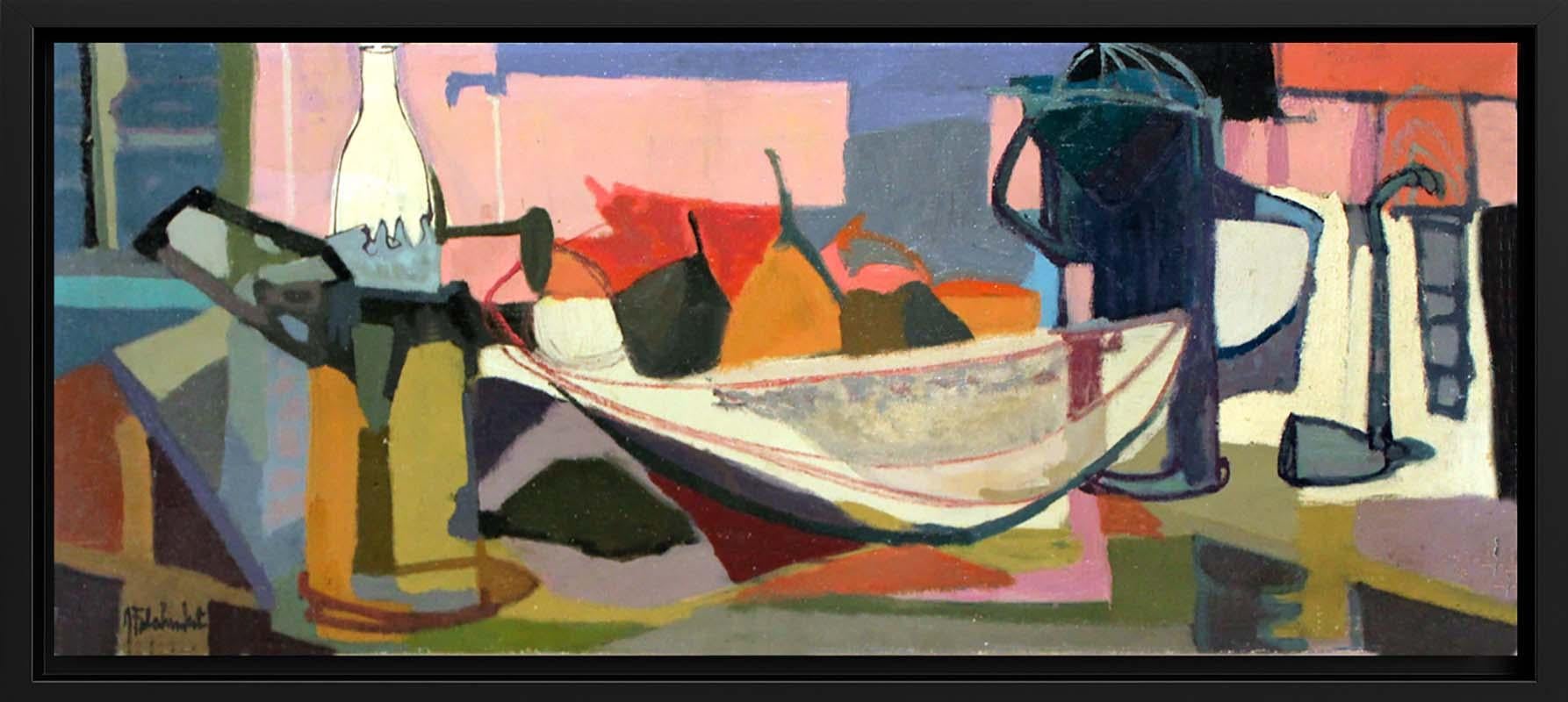 Unknown Still-Life Painting – Kubistisches Stillleben Ölgemälde Wein Obst Kaffee Amerikaner 1960 Gerahmt