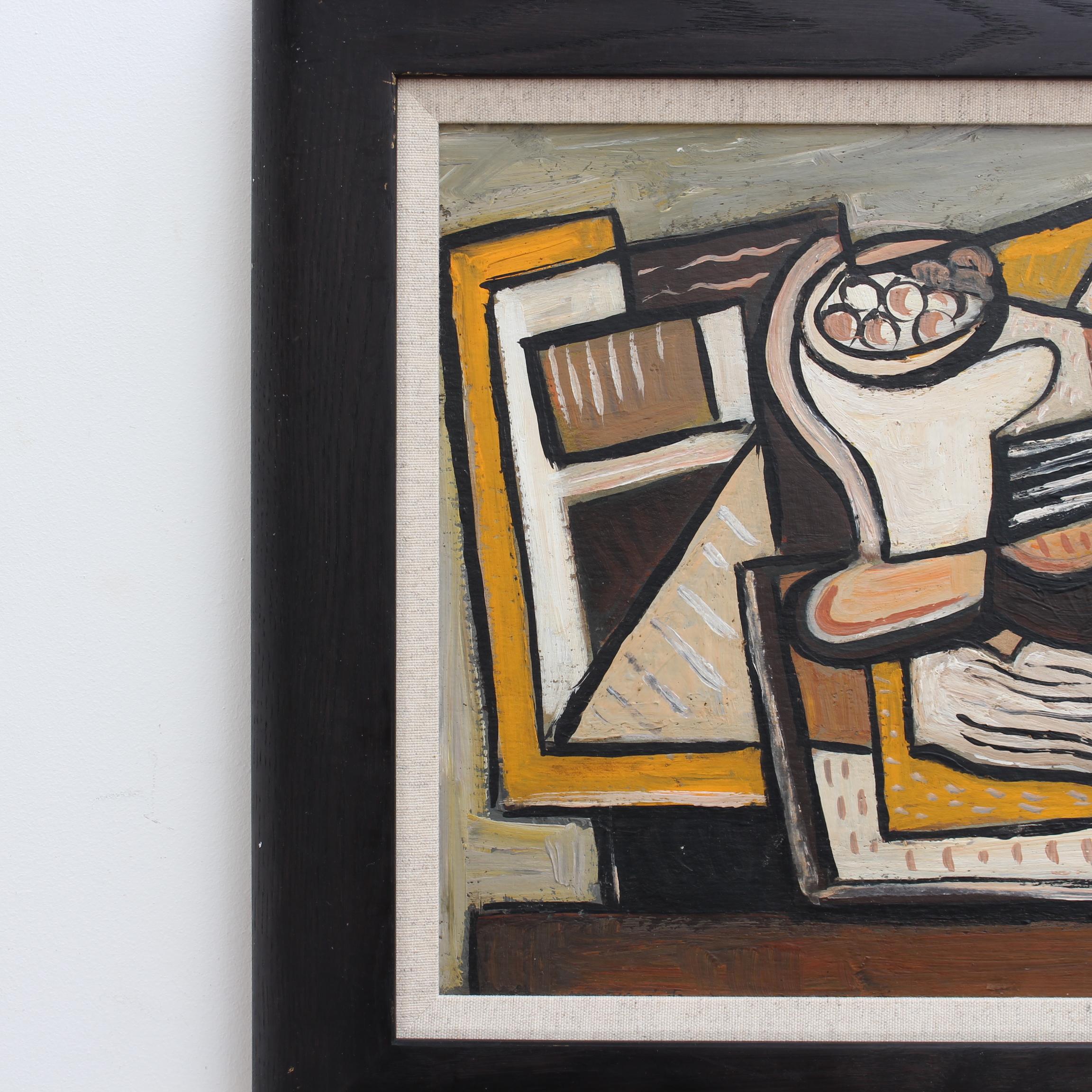 'Cubist Still Life', oil on board, with guitar, wine bottle and glasses, (circa 1950s - 1960s), by an unknown artist. A masterly cubist still life representation depicting items atop a wooden table painted in colours of earthy browns, grey, beige,