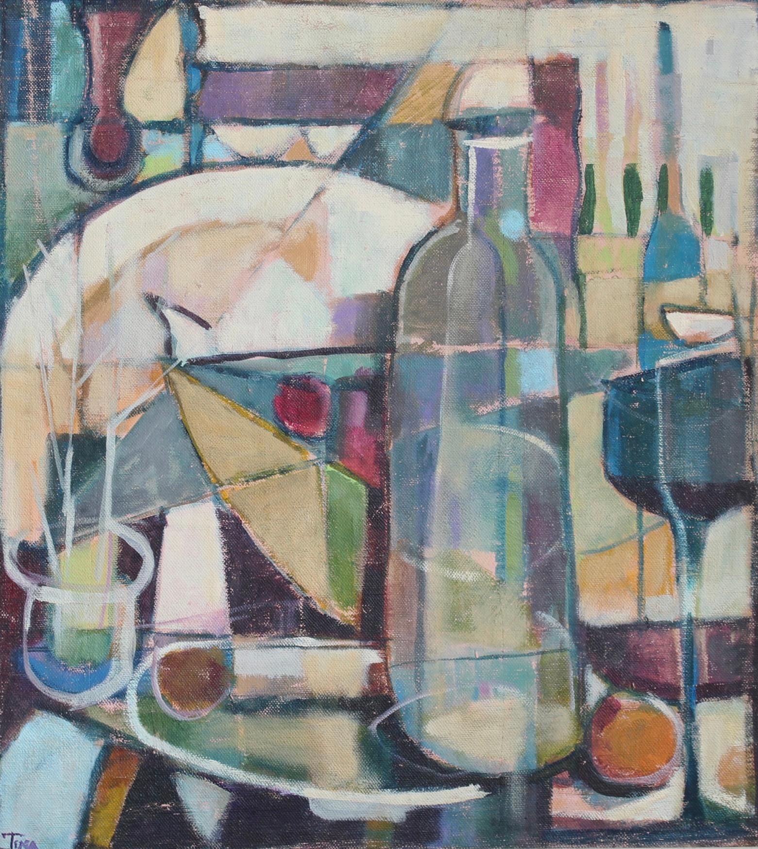 Kubistisches Stilleben mit Flaschen – Painting von Unknown
