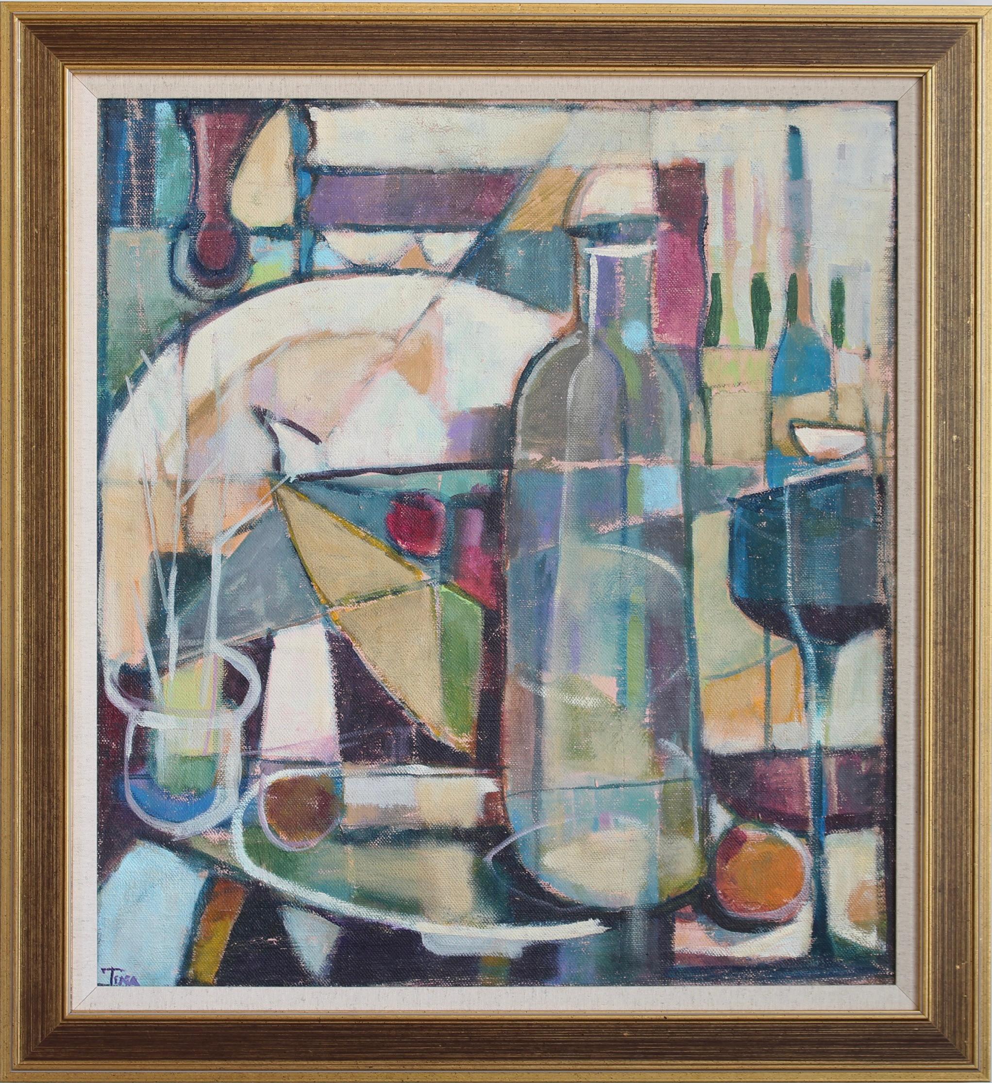 Unknown Abstract Painting – Kubistisches Stilleben mit Flaschen