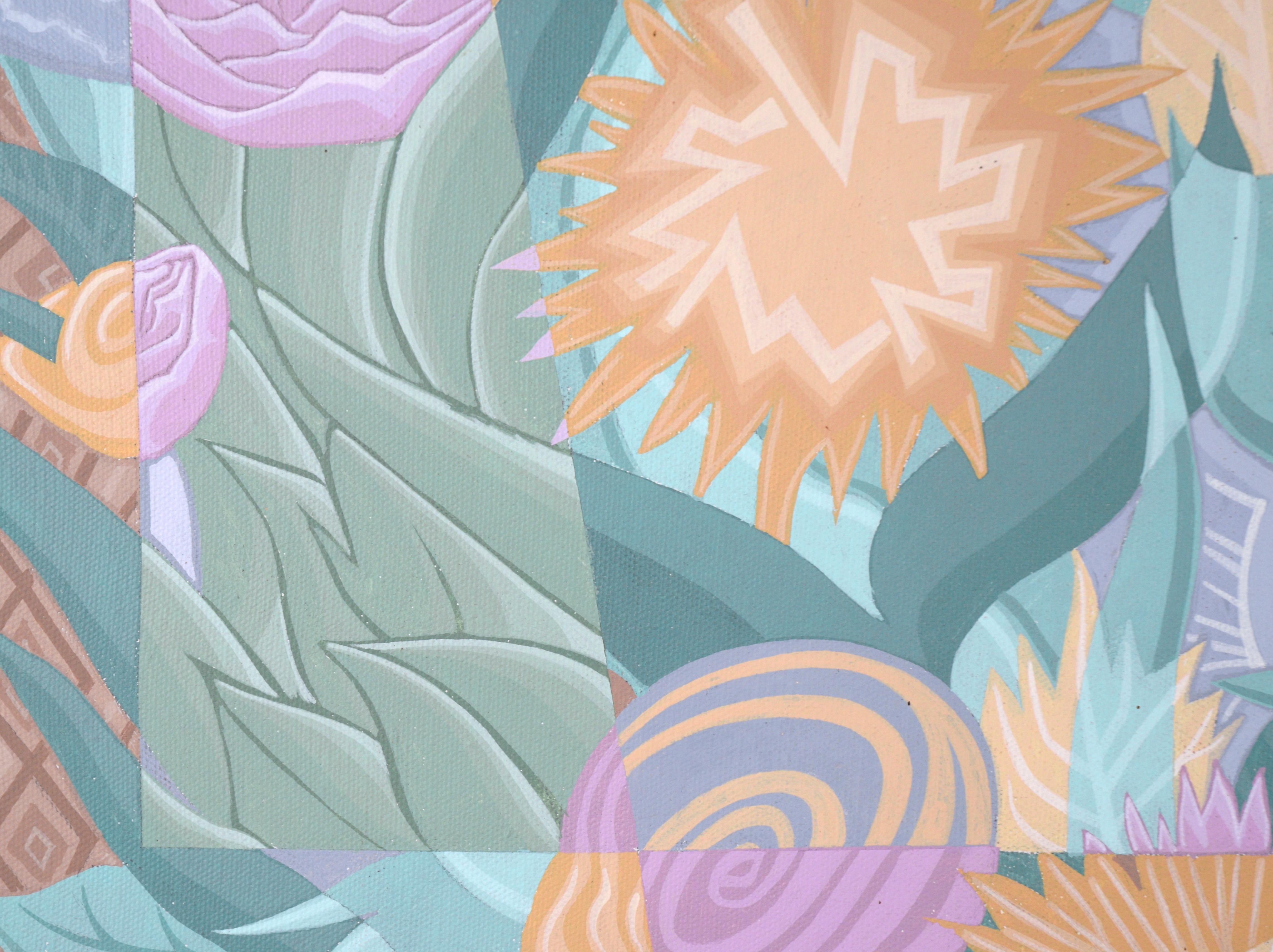 Nature morte cubiste avec arrangement floral et tasses à café en acrylique sur toile en vente 1