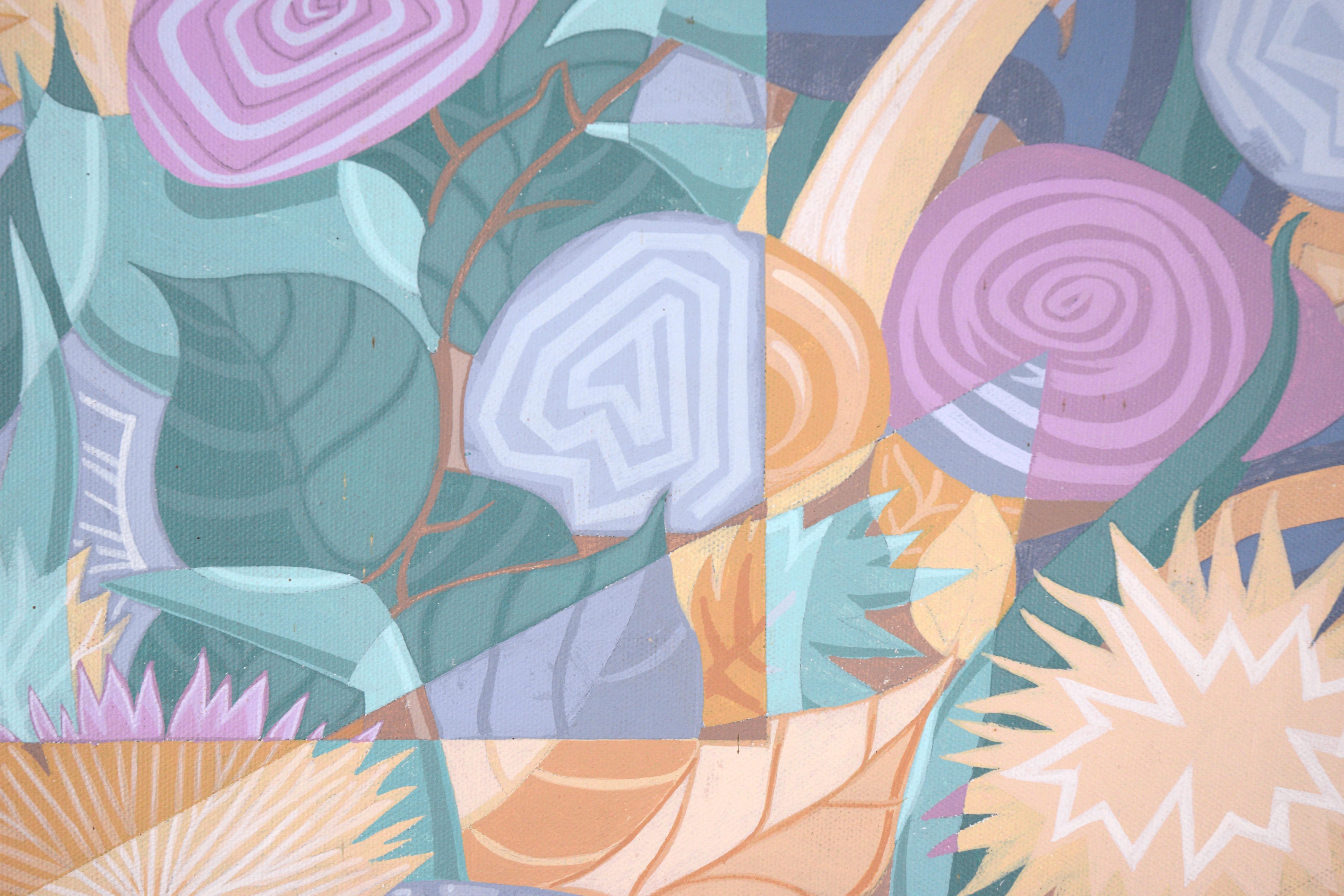 Nature morte cubiste avec arrangement floral et tasses à café en acrylique sur toile en vente 2