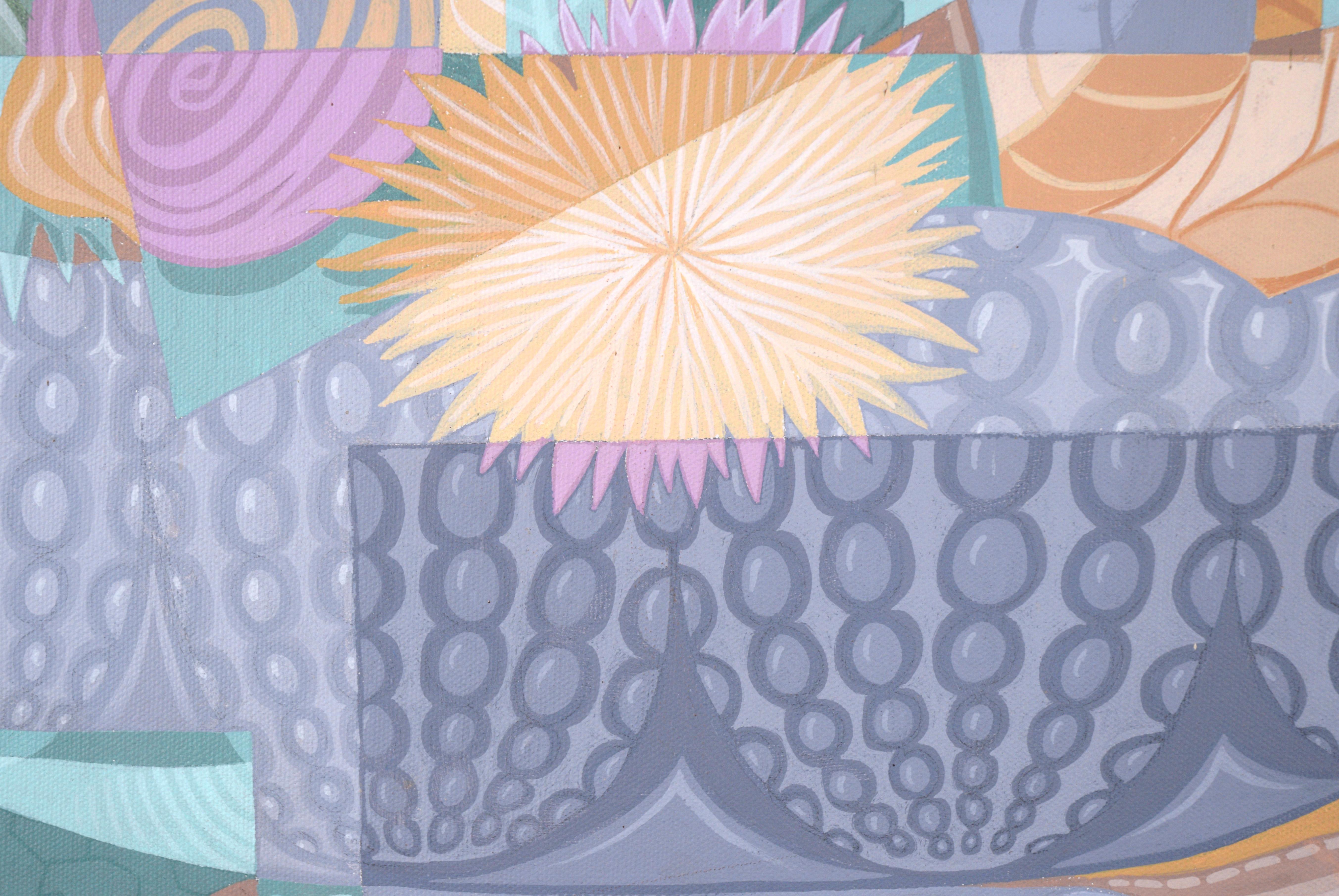 Nature morte cubiste avec arrangement floral et tasses à café en acrylique sur toile en vente 4