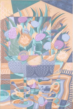Kubistisches Stillleben mit Blumendekoration und Kaffeebechern aus Acryl auf Leinwand