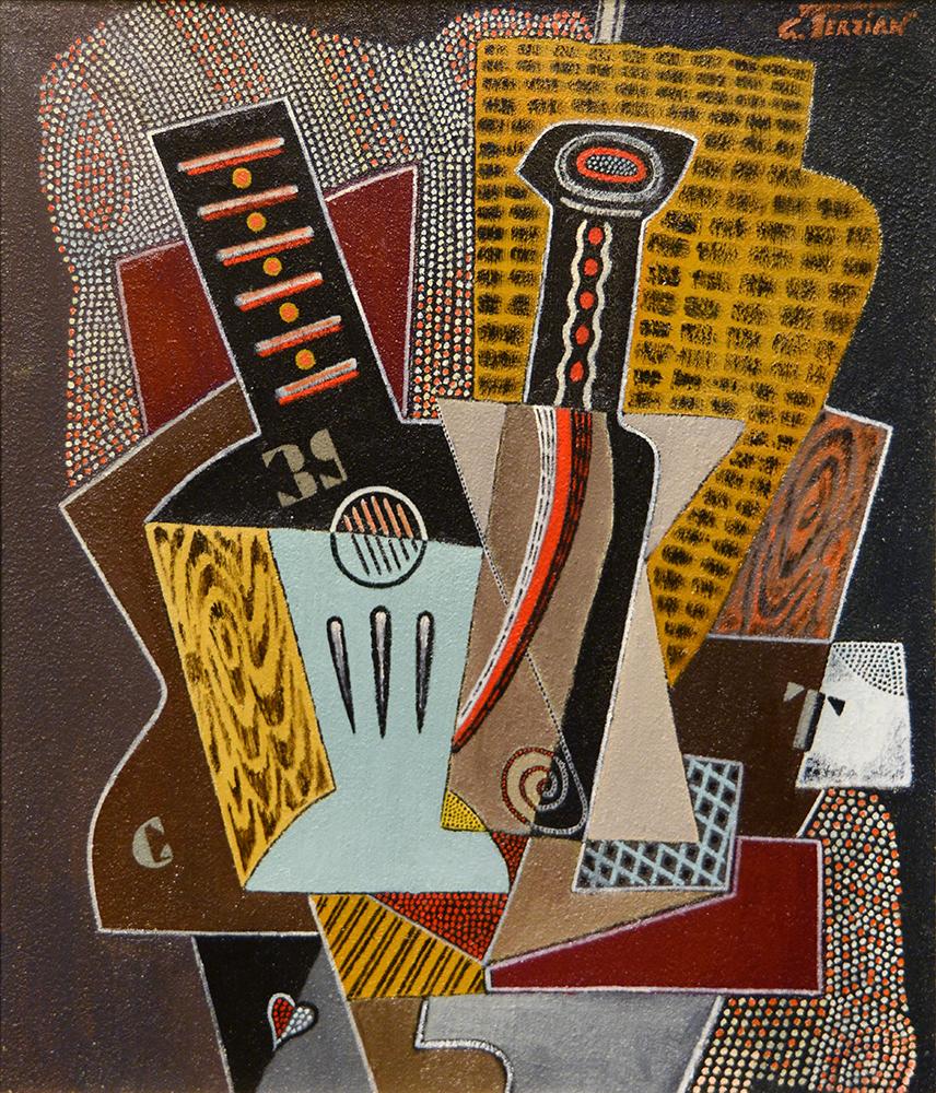 Unknown Still-Life Painting - Cubist Still-life with Guitar and Black Bottle