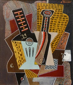 Cubist Still-life with Guitar and Black Bottle
