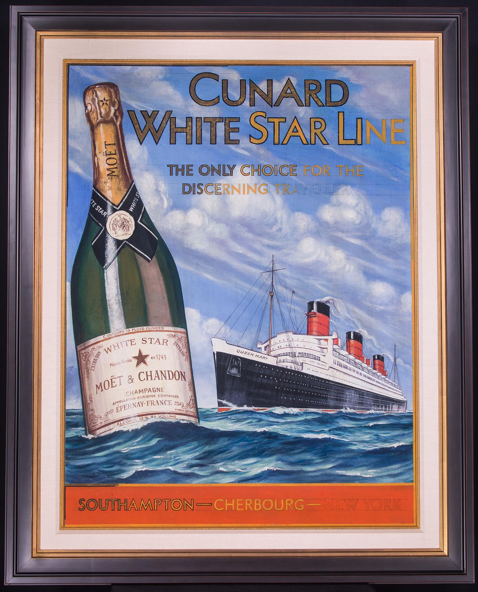 Cunard-White Star Lines - Publicité originale de R.M.S. QUEEN MARY et Moet Chandon  - Painting de Unknown