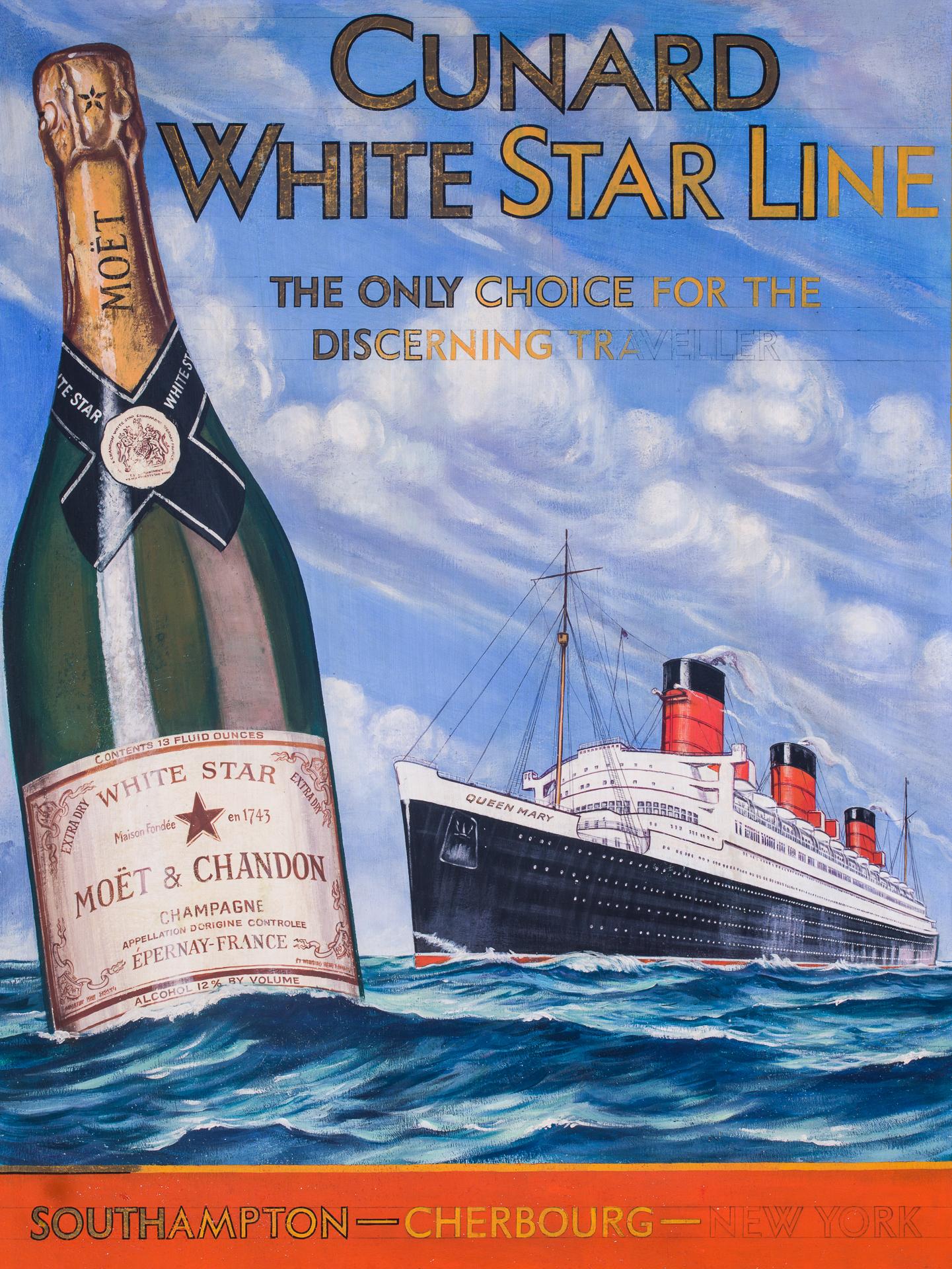 Unknown Landscape Painting – Cunard-White Star Lines R.M.S. QUEEN MARY und Moet Chandon Originalwerbung 