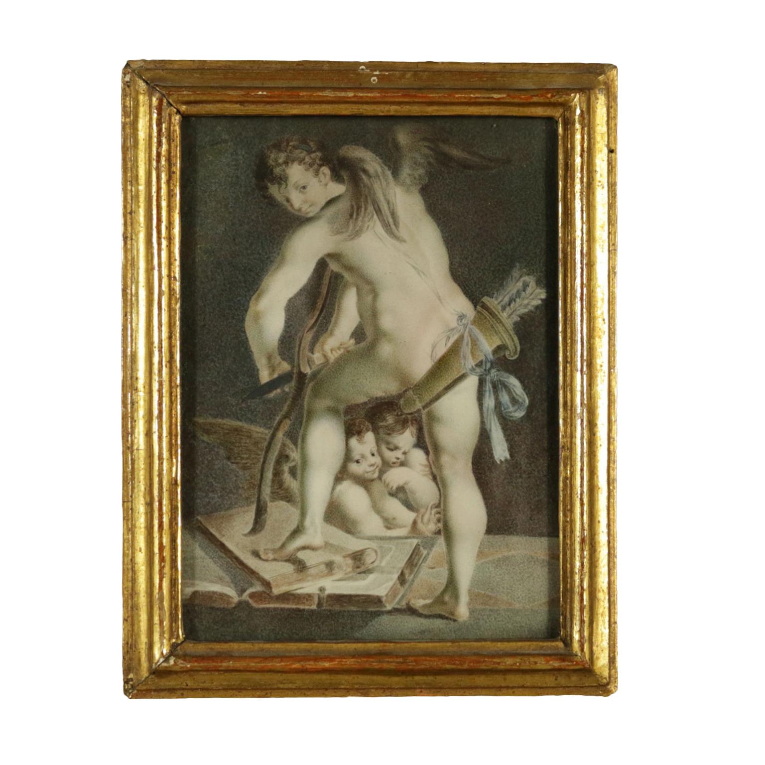 Unknown Figurative Painting - Cupid Building a Bow, Painting on Parchment Paper, 1765