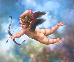 Vintage Cupid oil on canvas painting