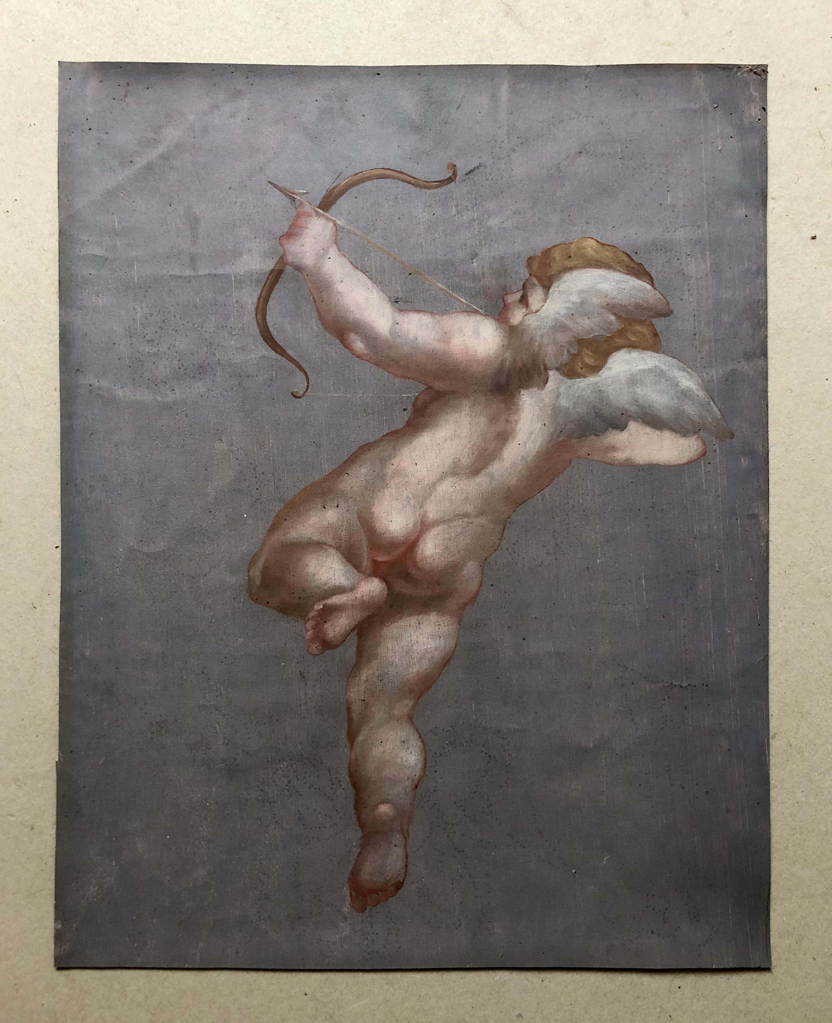 Cupidon, huile sur papier, XIXe siècle - Painting de Unknown