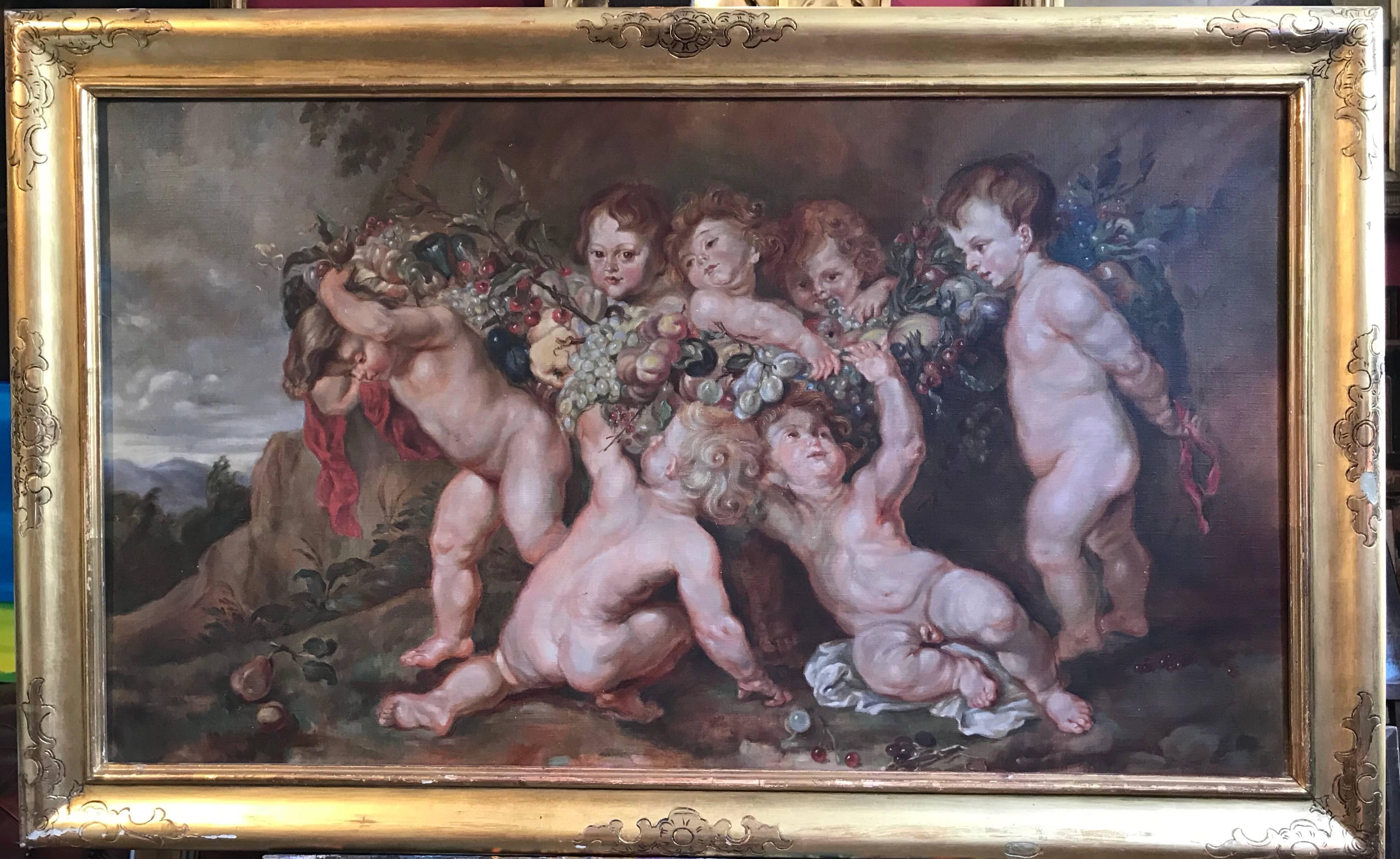 Cupids Playing Very Large Bacchanal Rococo Scene Antique oil painting - Painting by Unknown