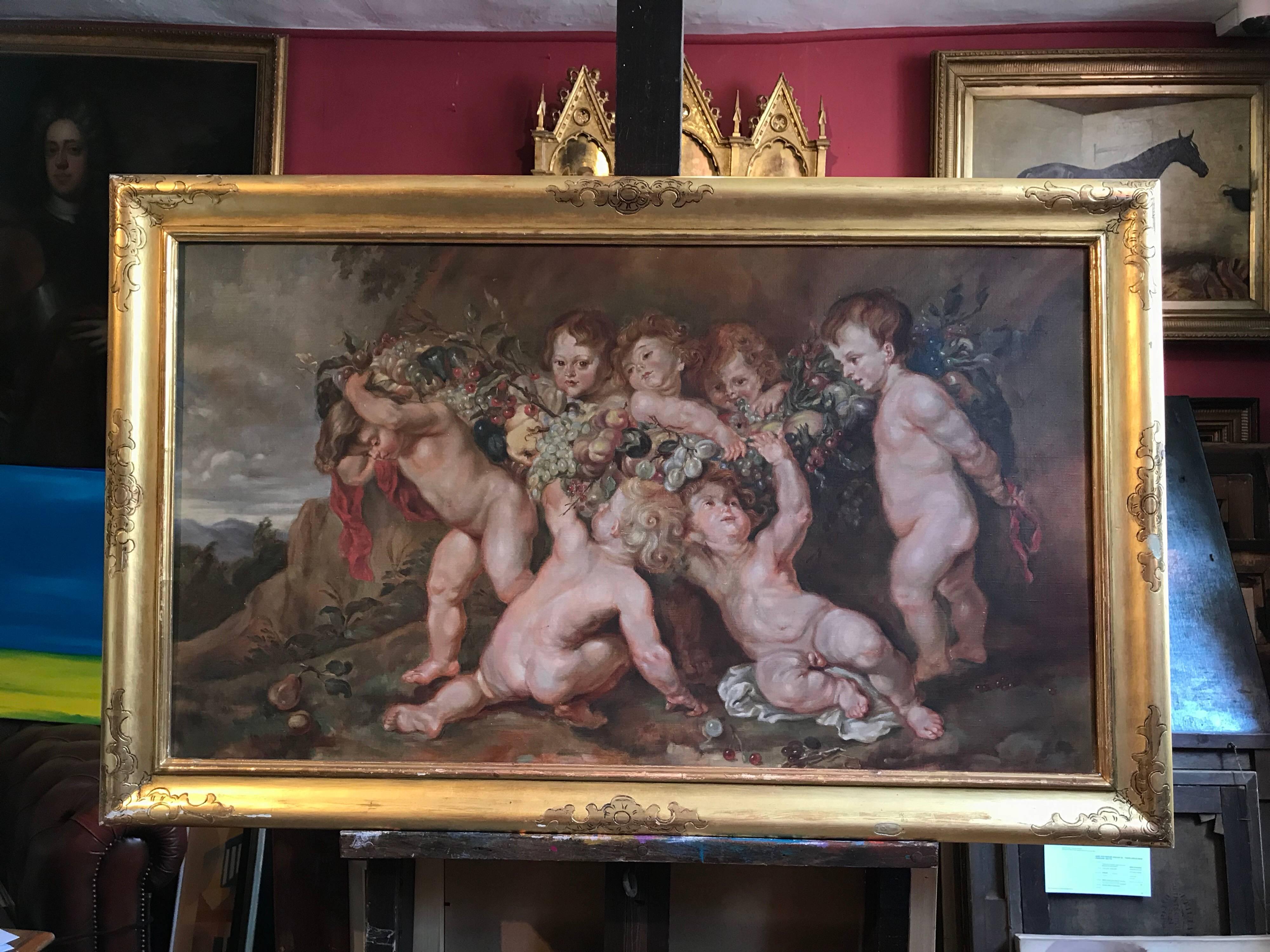 Antikes Ölgemälde, Sehr große Bacchanisches Rokoko-Szene, Amors spielen (Schwarz), Nude Painting, von Unknown