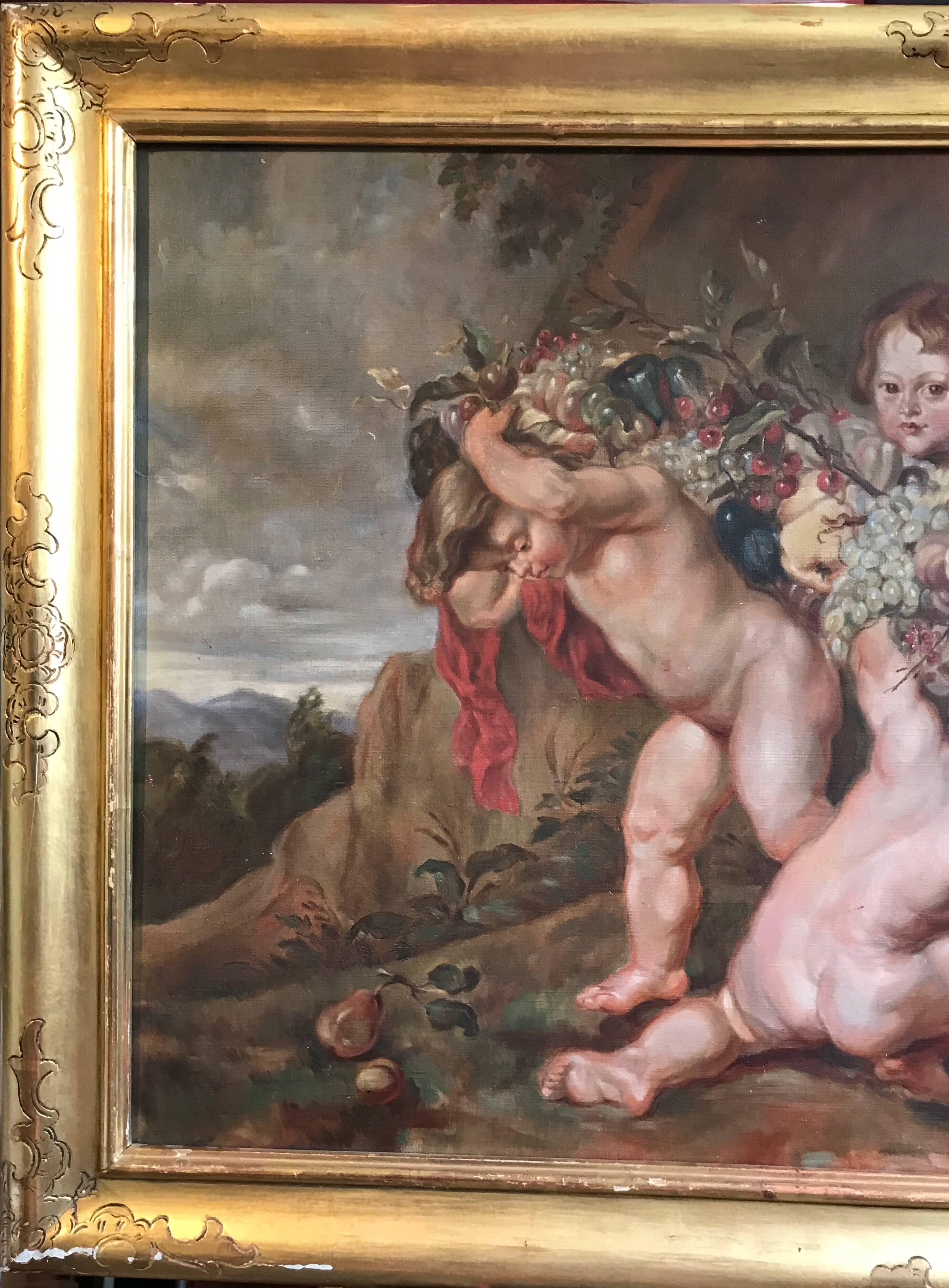 Bacchanal Cupids Playing
French School, early 1900's
oil painting on canvas, framed

canvas: 22 x 39 inches
framed: 27 x 44 inches

Large scale French Rococo style oil painting on canvas, dating to the early 1900's period. The work depicts these