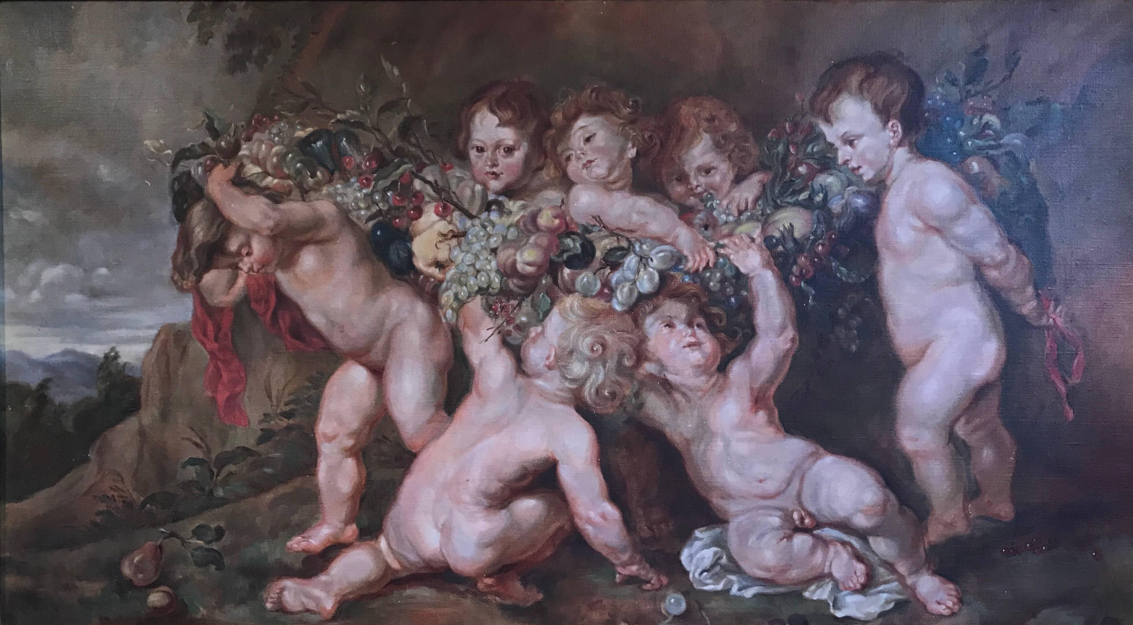 Unknown Nude Painting – Antikes Ölgemälde, Sehr große Bacchanisches Rokoko-Szene, Amors spielen