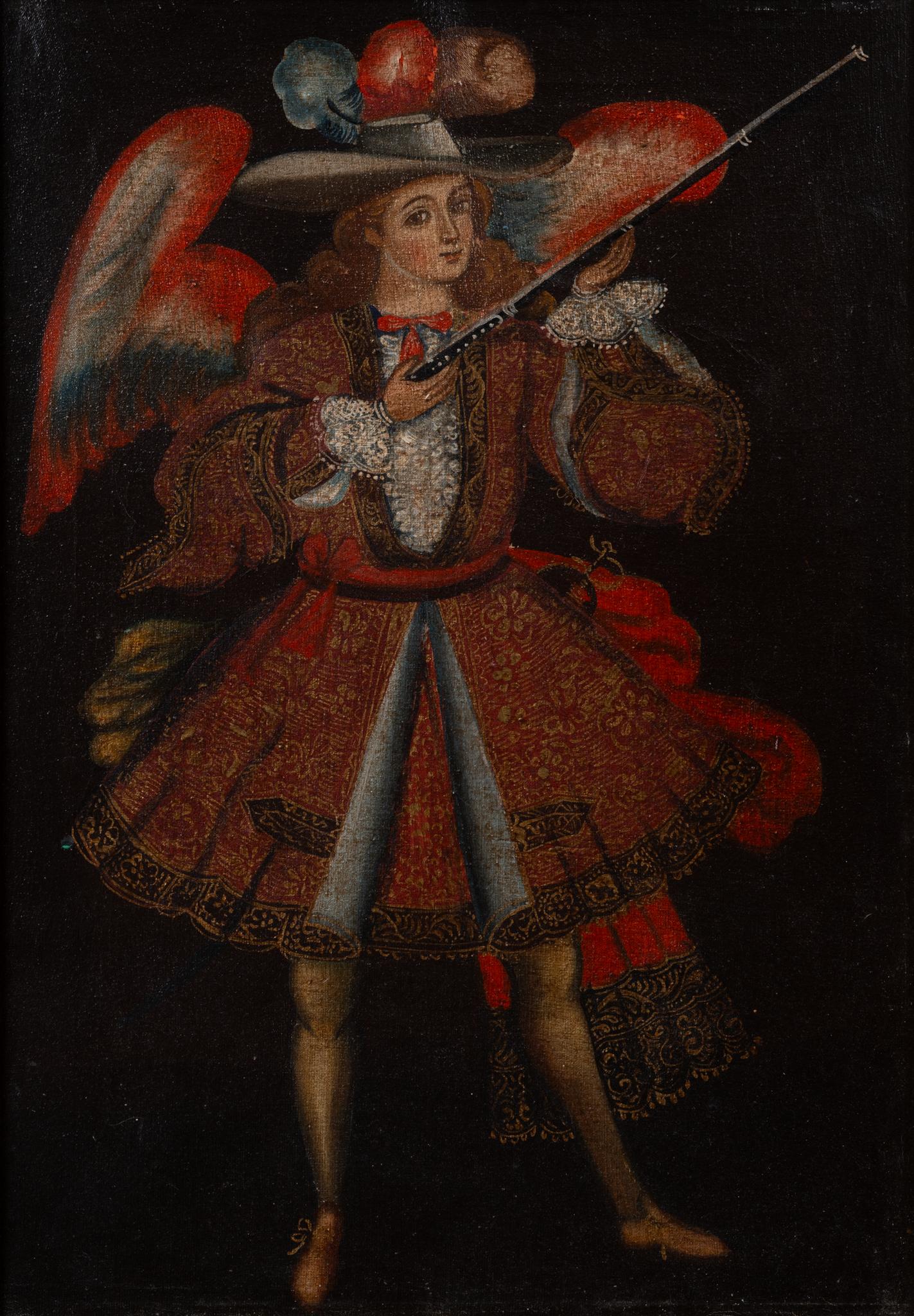 Cuzco (Cusco) School, 19th century, Peru

Ángel Arcabucero (Angel with Arquebus)

oil on canvas
unframed 58 × 41 cm (22.8 × 16.1 in)
framed 66 × 49 cm (26.0 × 19.3 in)
No signature

Provenance: 
Acquired in Peru in 1986 by the previous