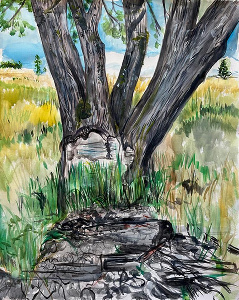 Arbre coupé avec un vieux tas de bois brûlé, peinture à l'aquarelle de Daniel Duford, 2023