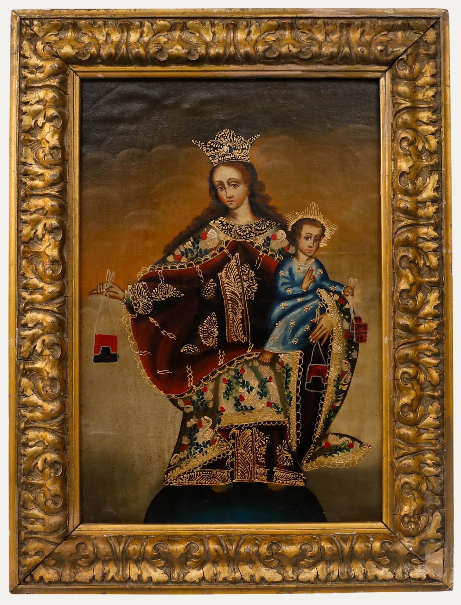 Unknown Figurative Painting - Cuzco School 19th Century Oil - Our Lady of Mount Carmel