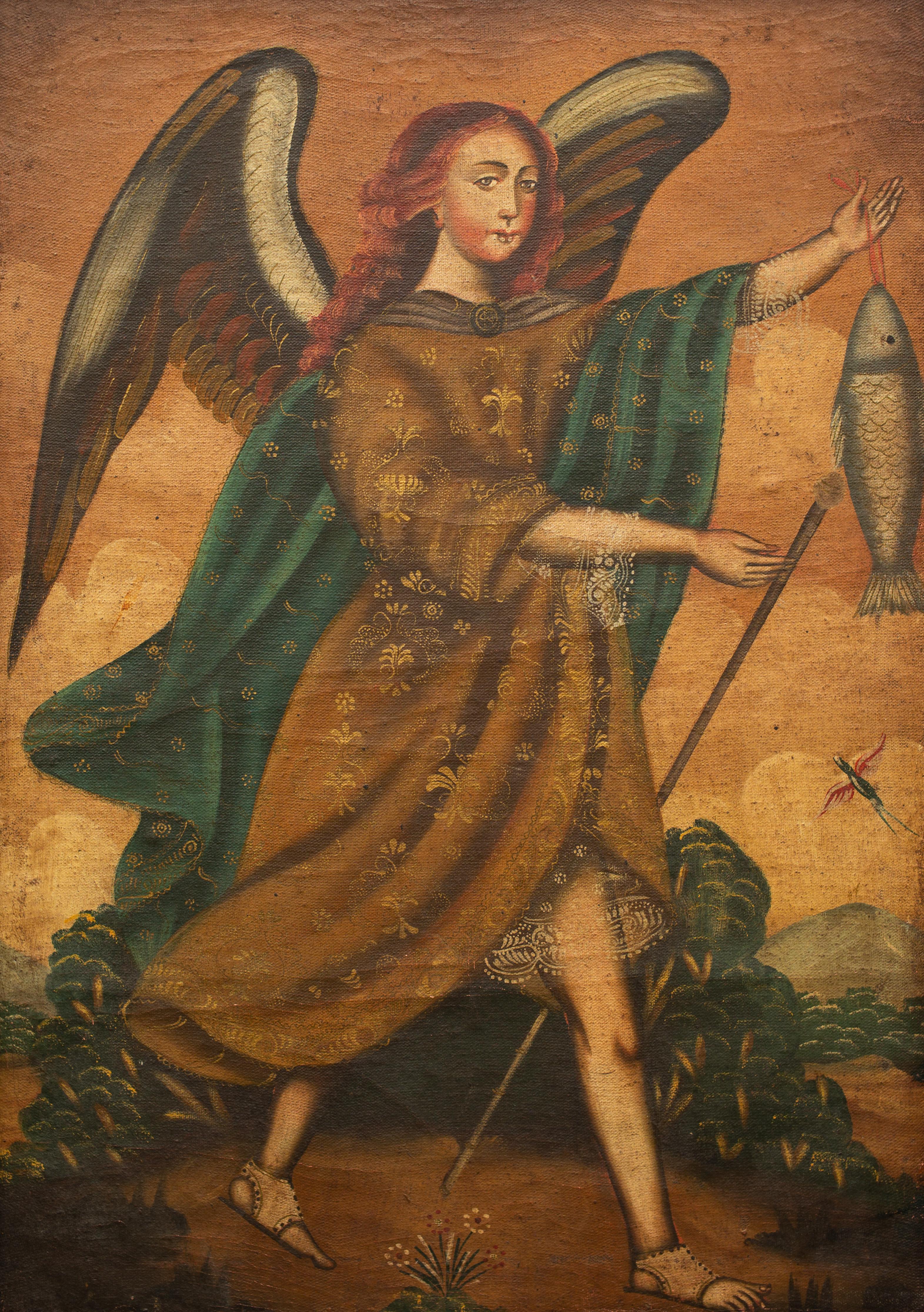 Cuzco School - A Portrait of Archangel Raphael With Fish, 1800s, Oil on Canvas - Painting by Unknown