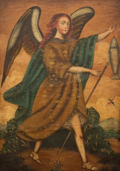 Cuzco School - A Portrait of Archangel Raphael With Fish, 1800s, Oil on Canvas