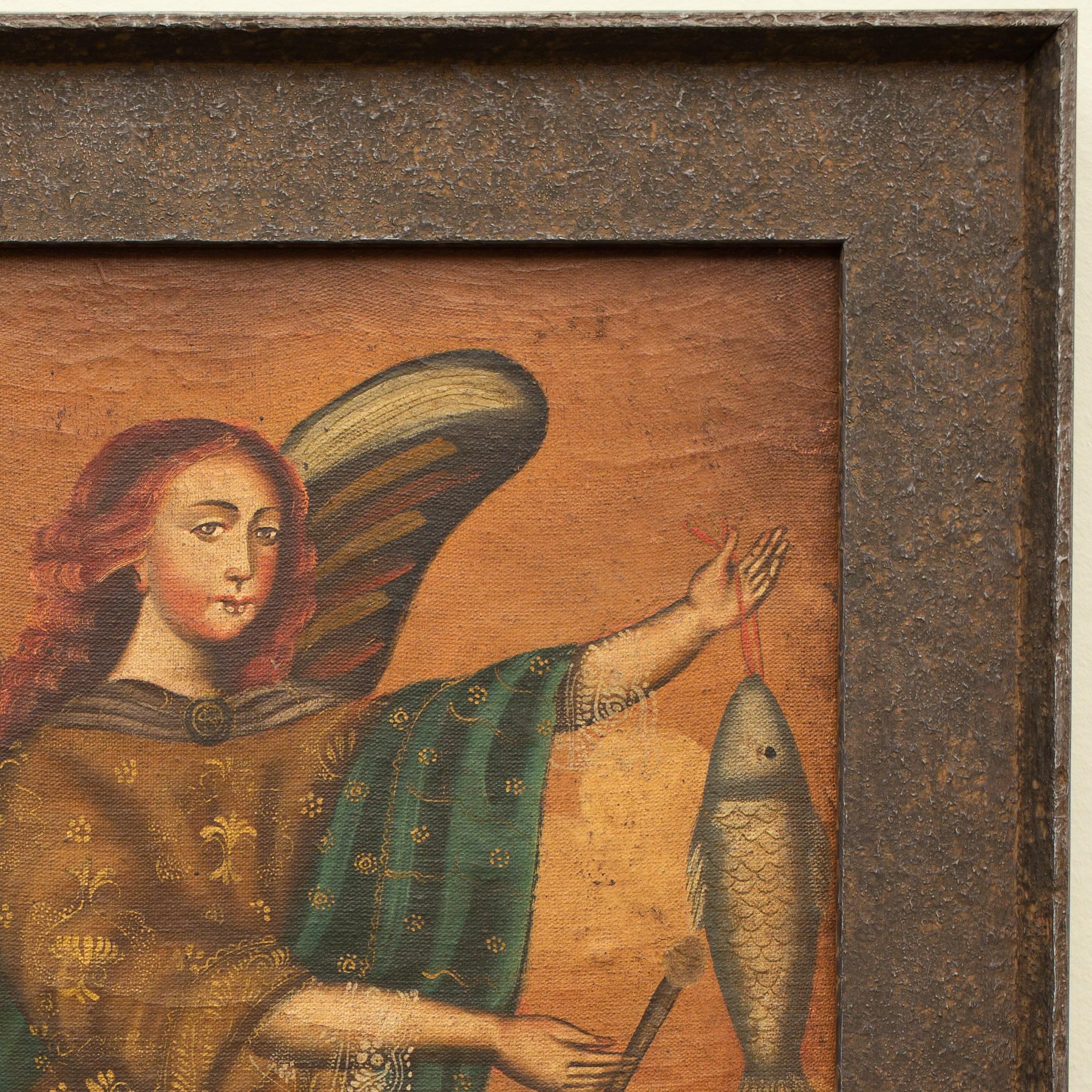 Scuola di Cuzco - Ritratto dell'Arcangelo Raffaele con pesce, 1800, Olio su tela in vendita 1