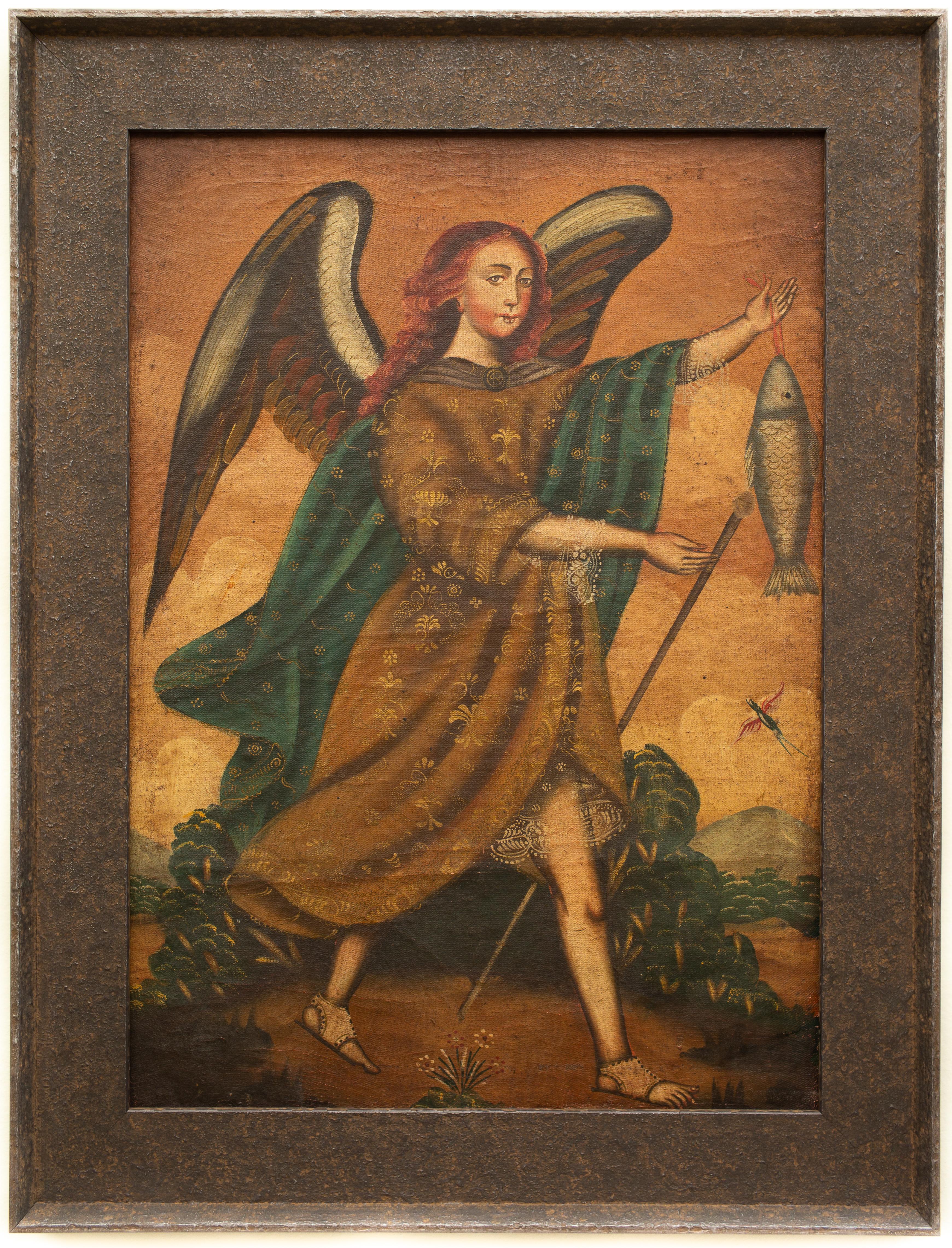 Unknown Portrait Painting - Cuzco School - A Portrait of Archangel Raphael With Fish, 1800s, Oil on Canvas