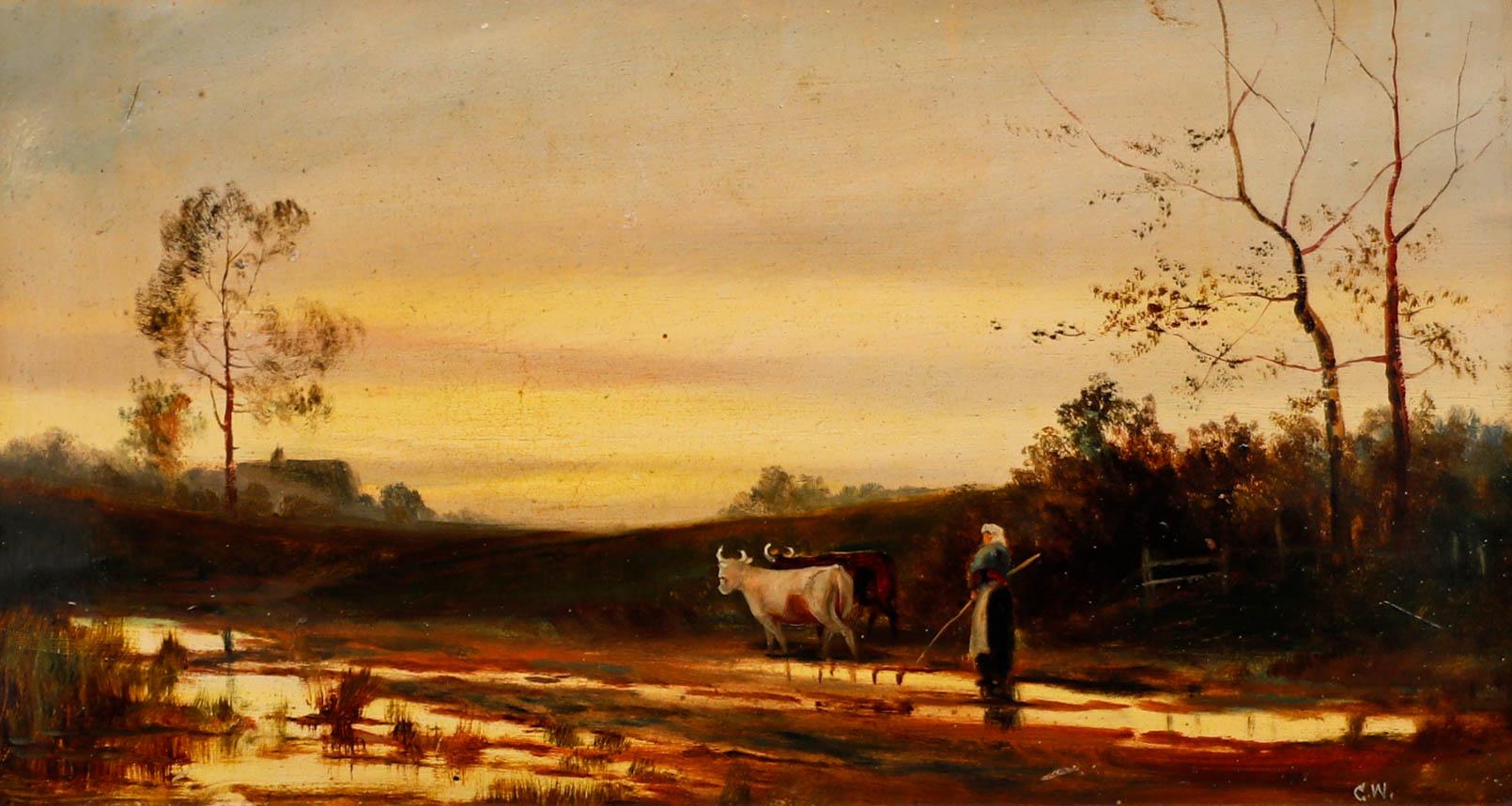 C.W. - Olio dei primi del Novecento incorniciato, Radunare il bestiame al crepuscolo - Painting di Unknown