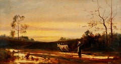 C.W - Framed Early 20th Century Oil, Rounding up Cattle at Dusk