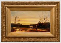 C.W. - Olio dei primi del Novecento incorniciato, Radunare il bestiame al crepuscolo