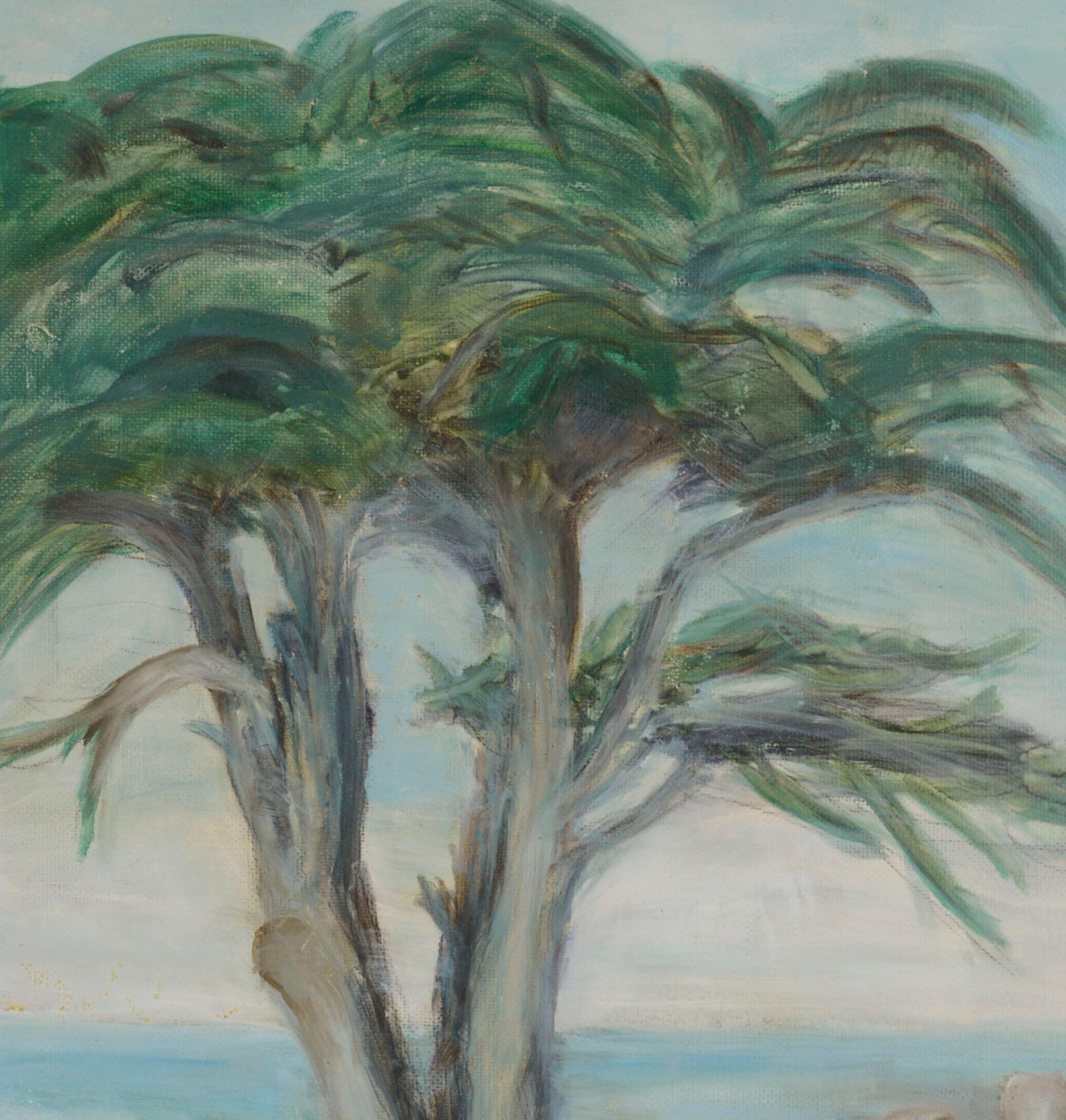 Zypresse an der Wasserkante, Küstenlandschaft mit Baum – Painting von Unknown