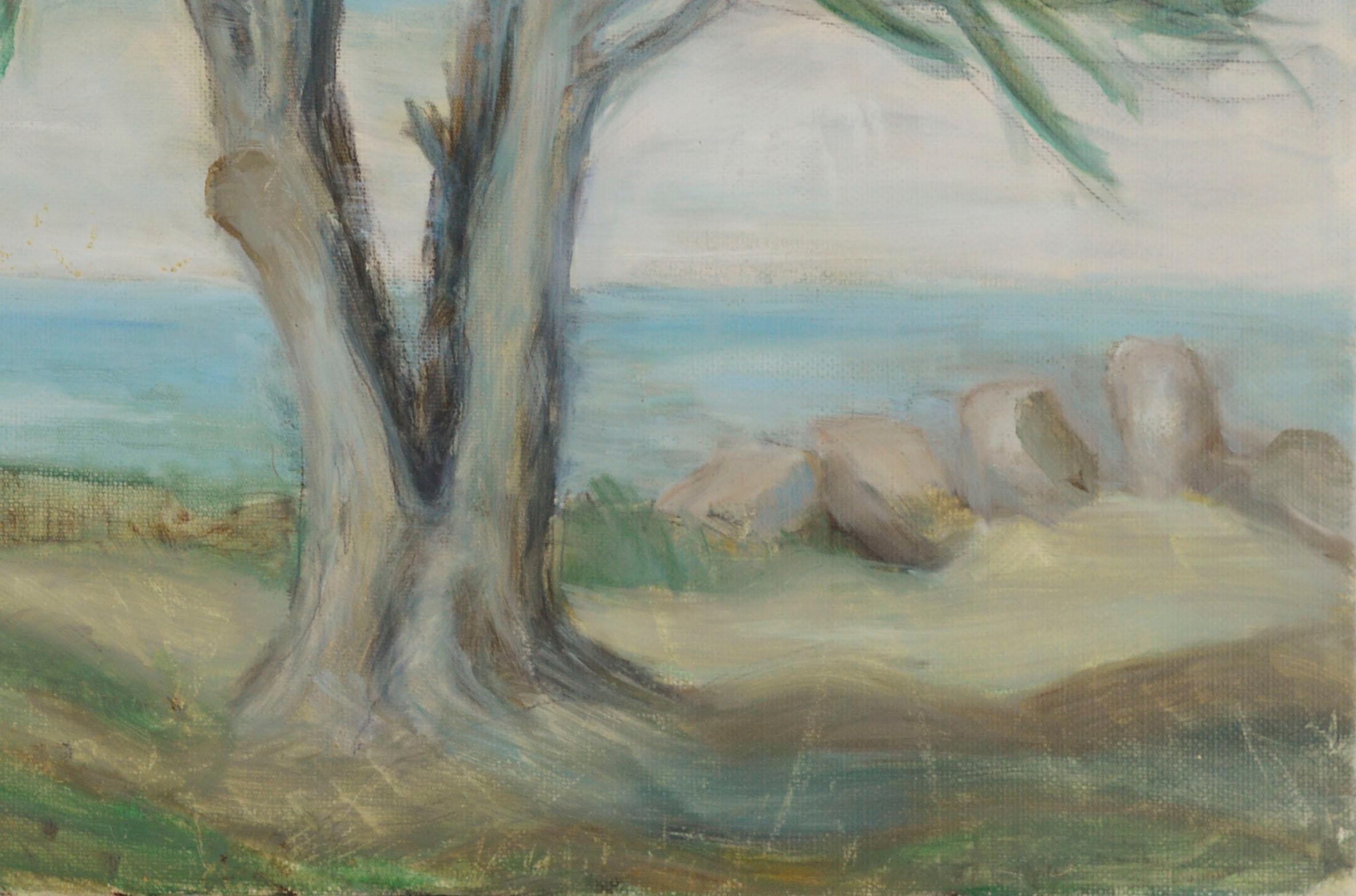 Zypresse an der Wasserkante, Küstenlandschaft mit Baum (Amerikanischer Impressionismus), Painting, von Unknown
