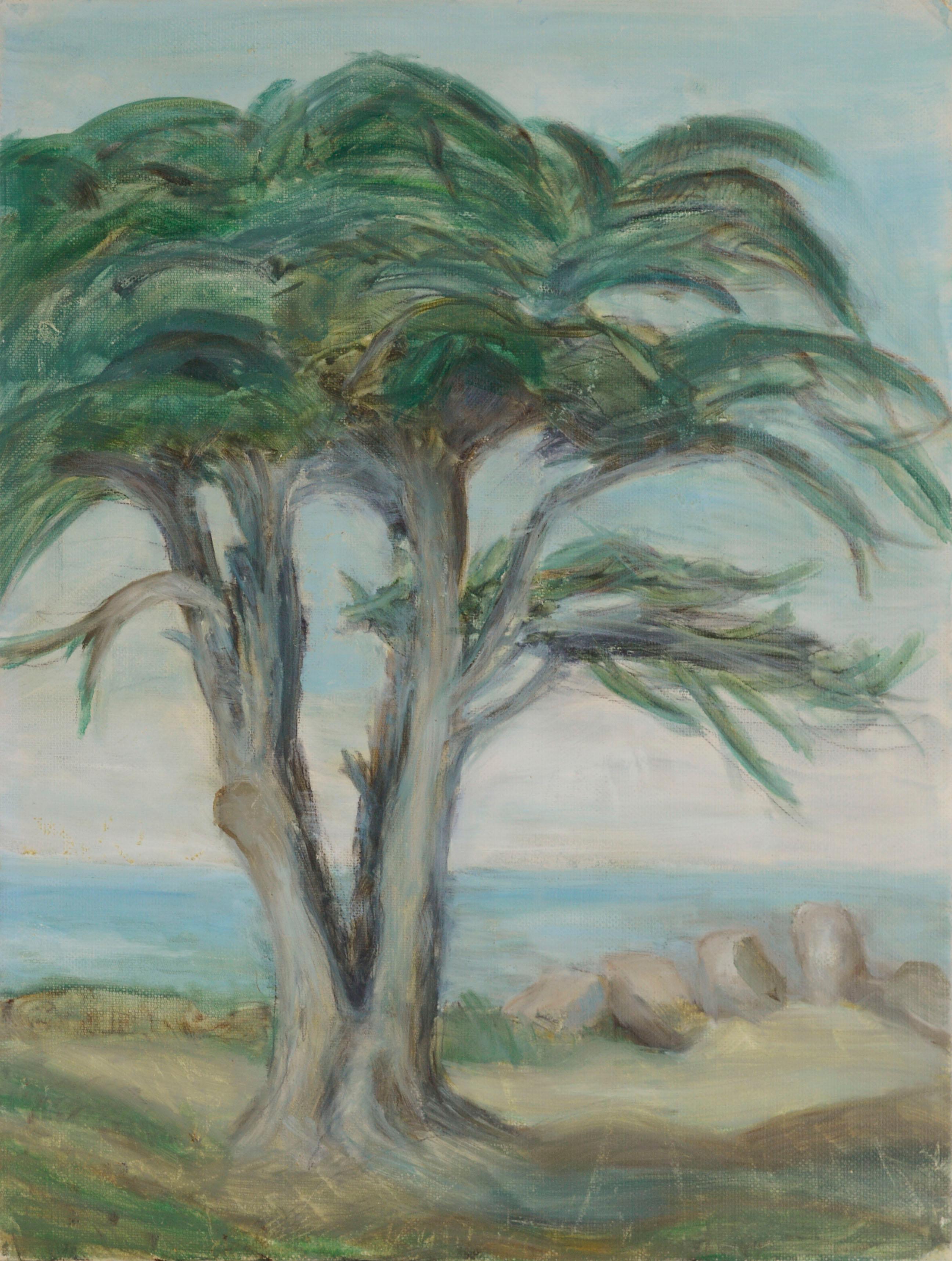 Unknown Landscape Painting – Zypresse an der Wasserkante, Küstenlandschaft mit Baum