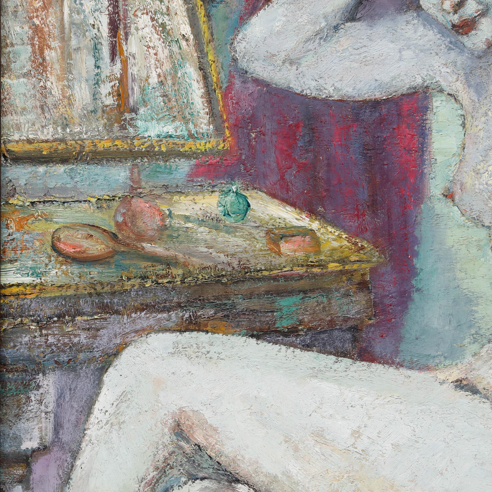 Este evocador cuadro representa una figura desnuda en pose contemplativa, sentada ante un tocador o tocador. La artista emplea una paleta de colores apagados y pinceladas sueltas para crear una atmósfera íntima e introspectiva, que invita al