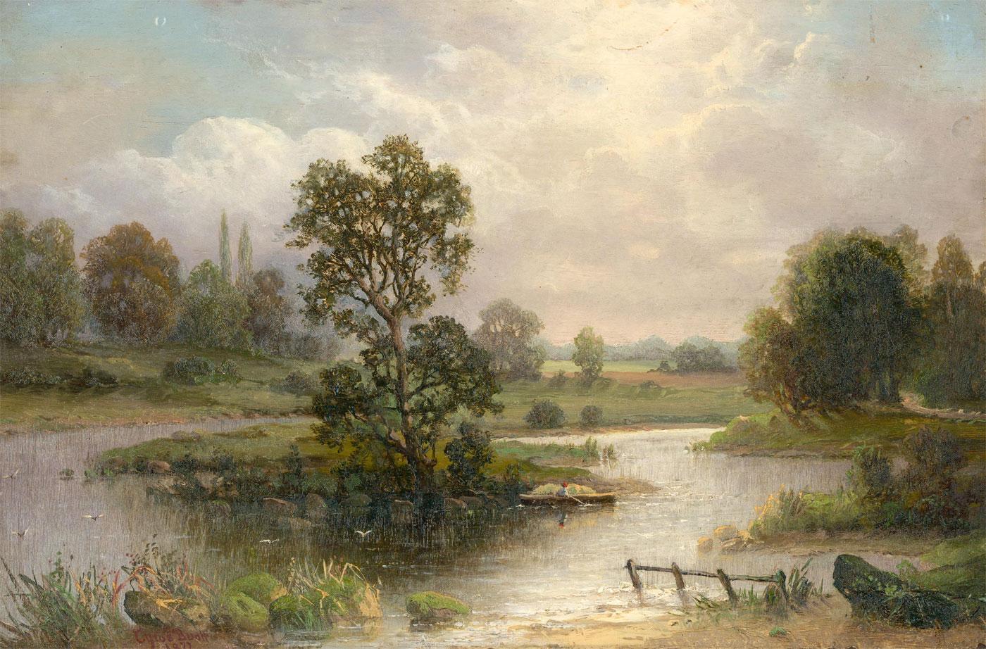 Unknown Landscape Painting – Cyrus Buott - 1877 Ölgemälde, Der Bootsmann