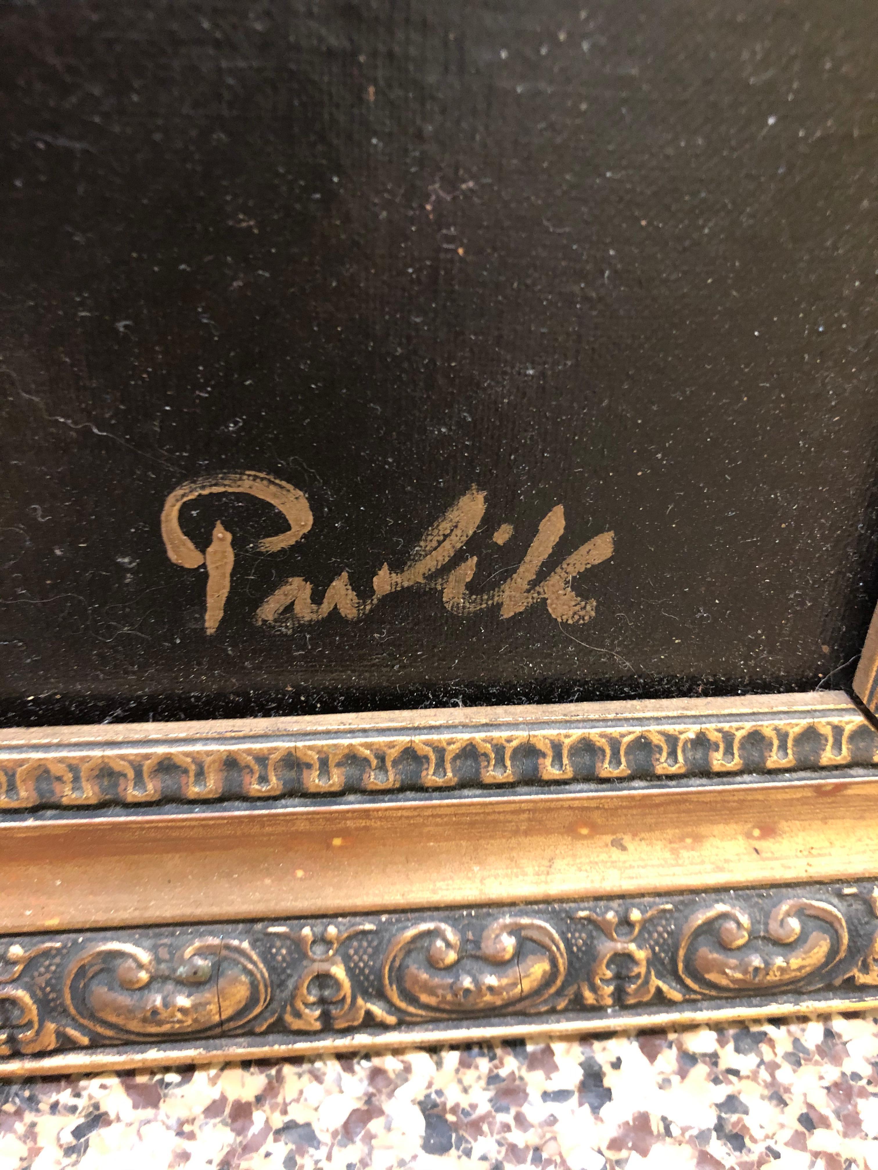 Fantastisches realistisches Gemälde von zwei Rabbinern im Gespräch. Großes detailliertes Gemälde, signiert von Pavlik. Es gibt mehrere aufgelistete Pawliks, von denen ich nicht weiß, welche es sein könnten. Öl auf Leinwand, 24 cm breit und 20 cm