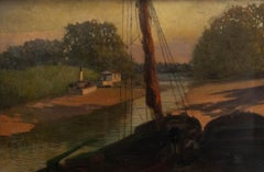 D. Cameron - Framed Mid 20th Century Oil, Barges at Low Tide