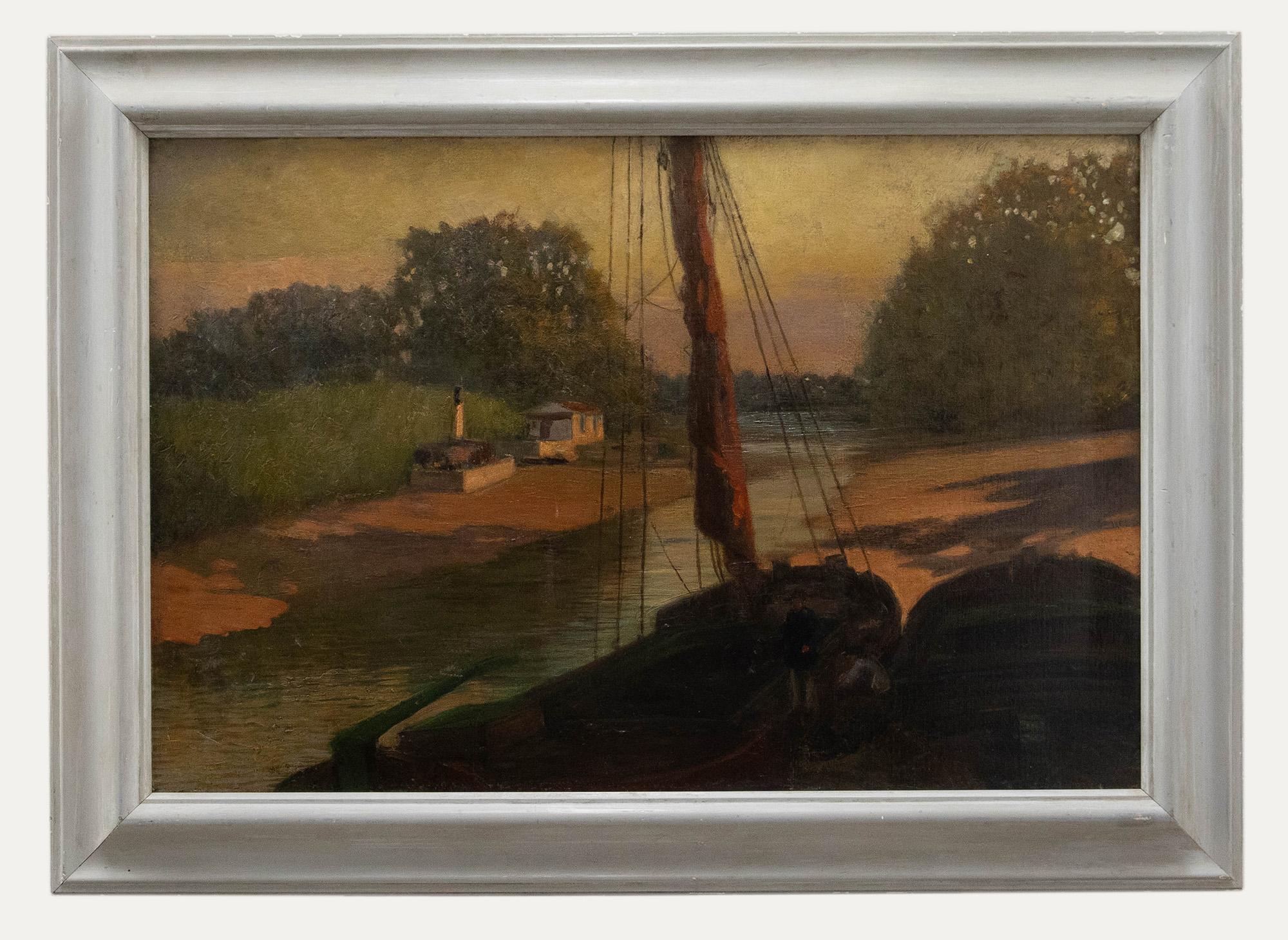 Unknown Landscape Painting - D. Cameron - Framed Mid 20th Century Oil, Barges at Low Tide