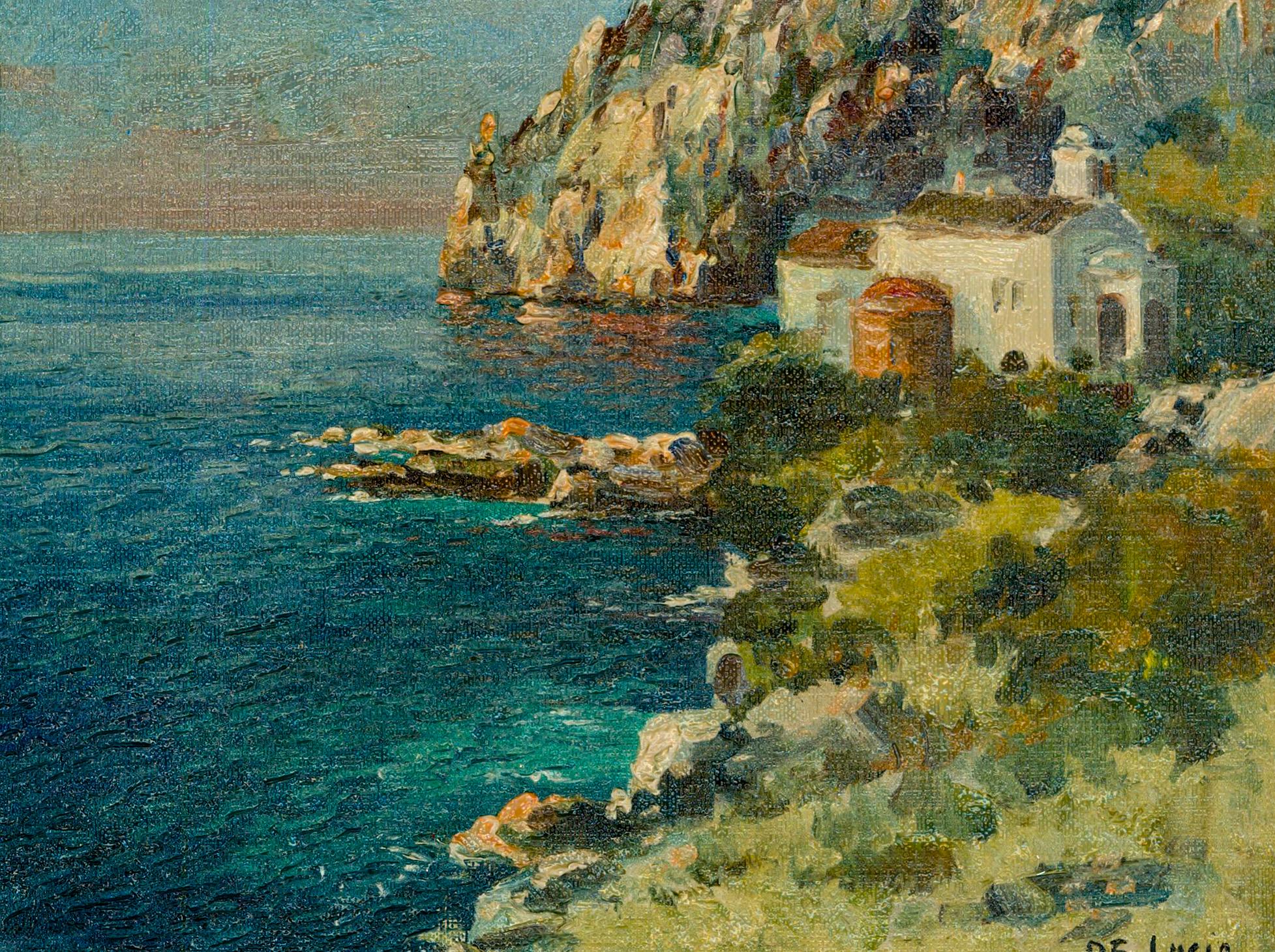 D. E. Lucia - Framed Contemporary Oil, Chapel by the Coast - Painting by Unknown