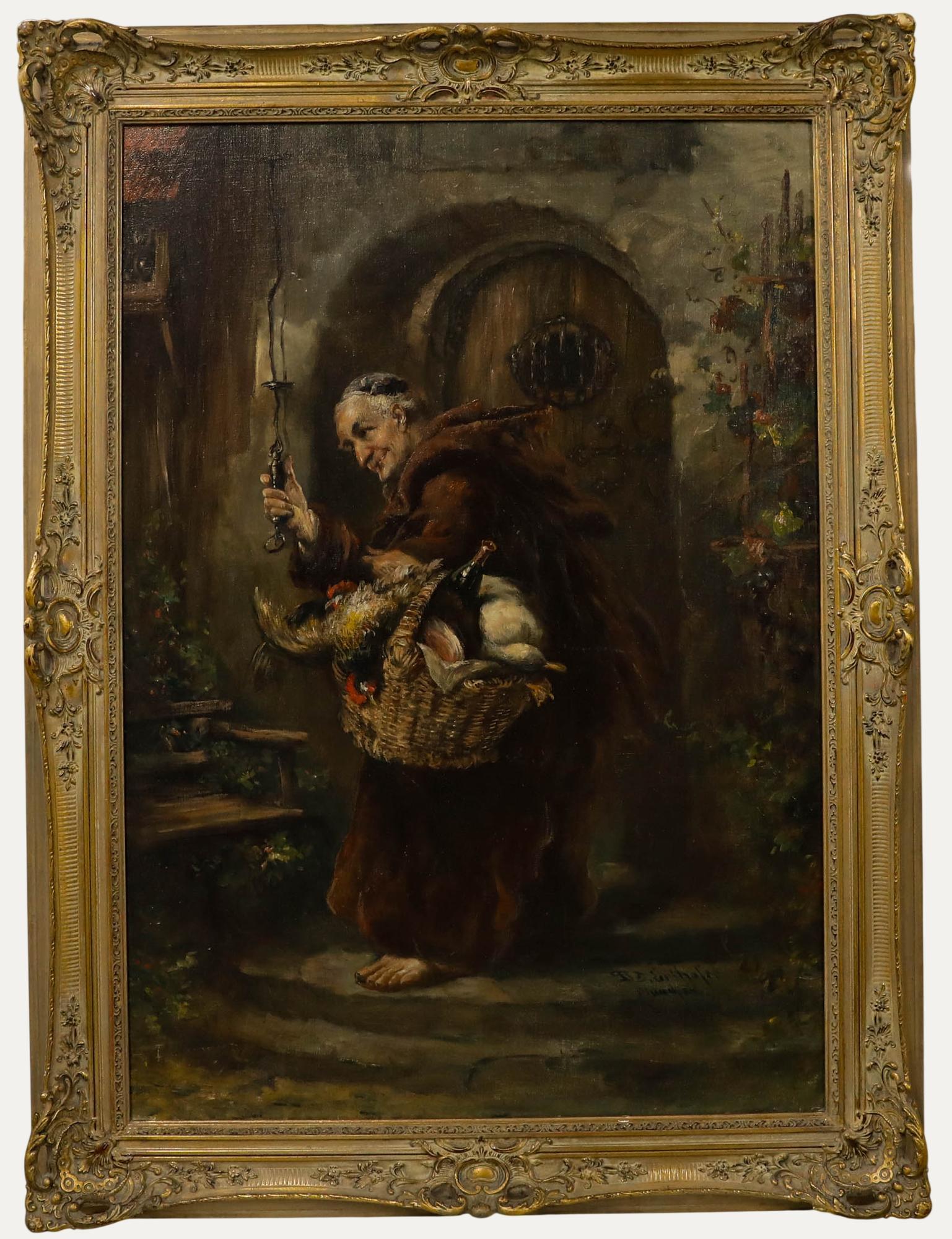 Unknown Figurative Painting - D. Erlhofer - Early 20th Century Oil, Monk at the Gate