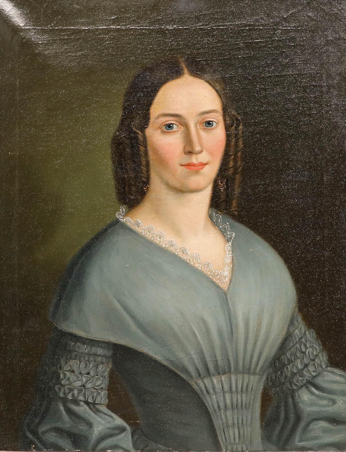D. Franz - Biedermeier 1841 Öl, Bildnis einer Dame in Blau – Painting von Unknown
