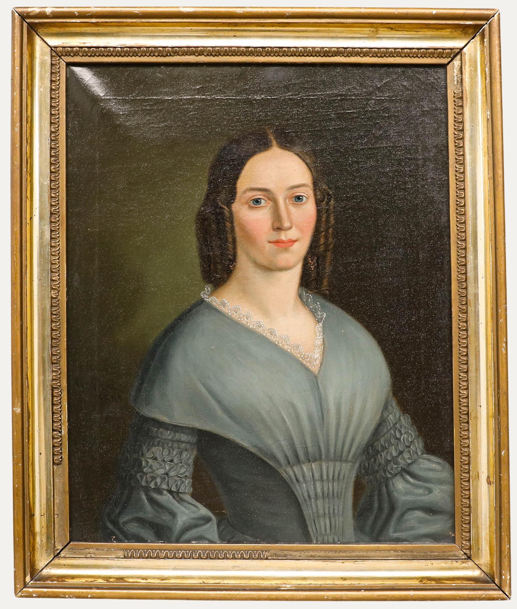 D. Franz - Biedermeier 1841 Öl, Bildnis einer Dame in Blau