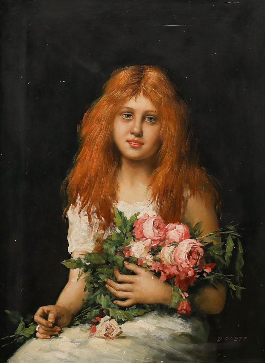 D. Goetz, - Siglo XX Óleo, Muchacha con rosas - Painting de Unknown