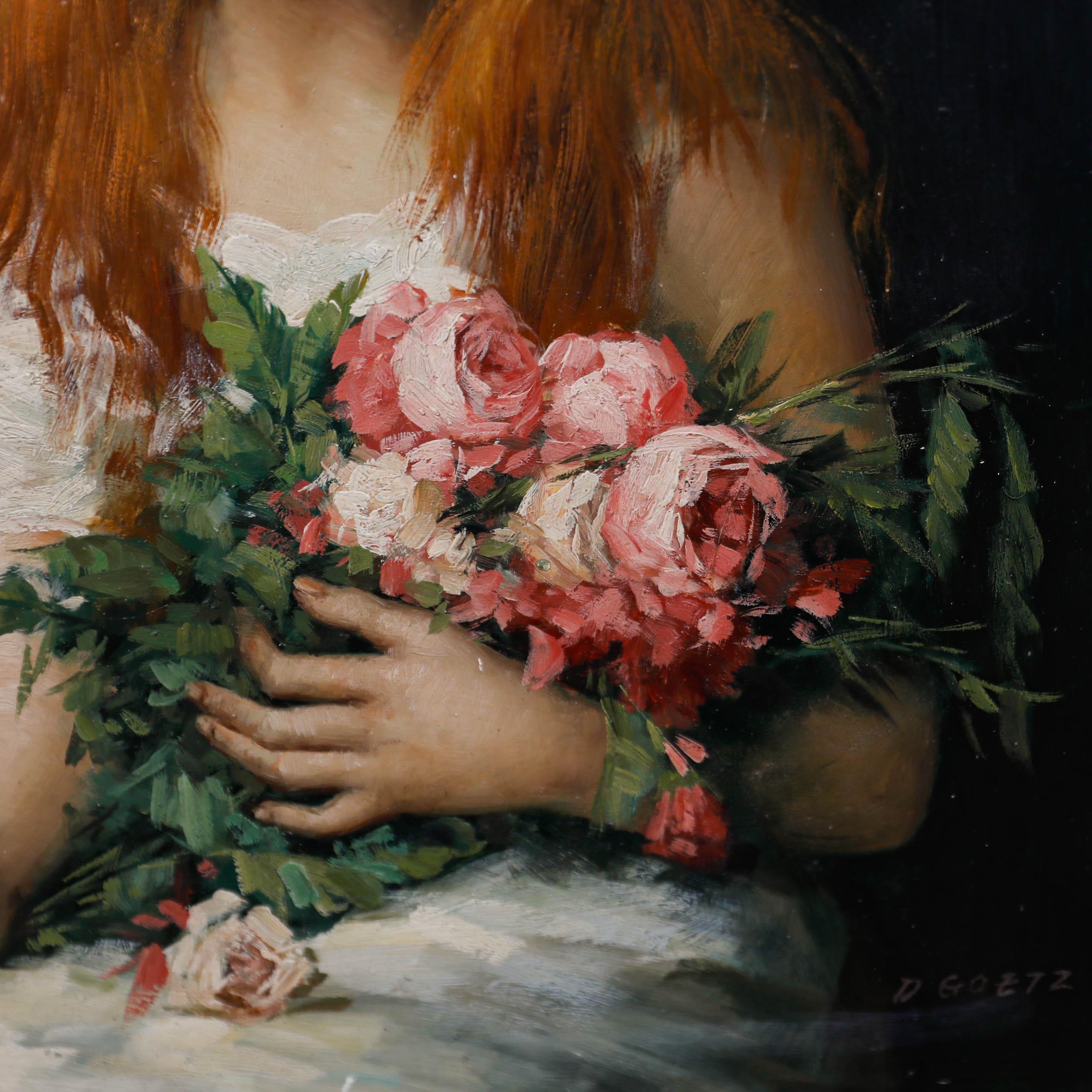D. Goetz, - Siglo XX Óleo, Muchacha con rosas 1