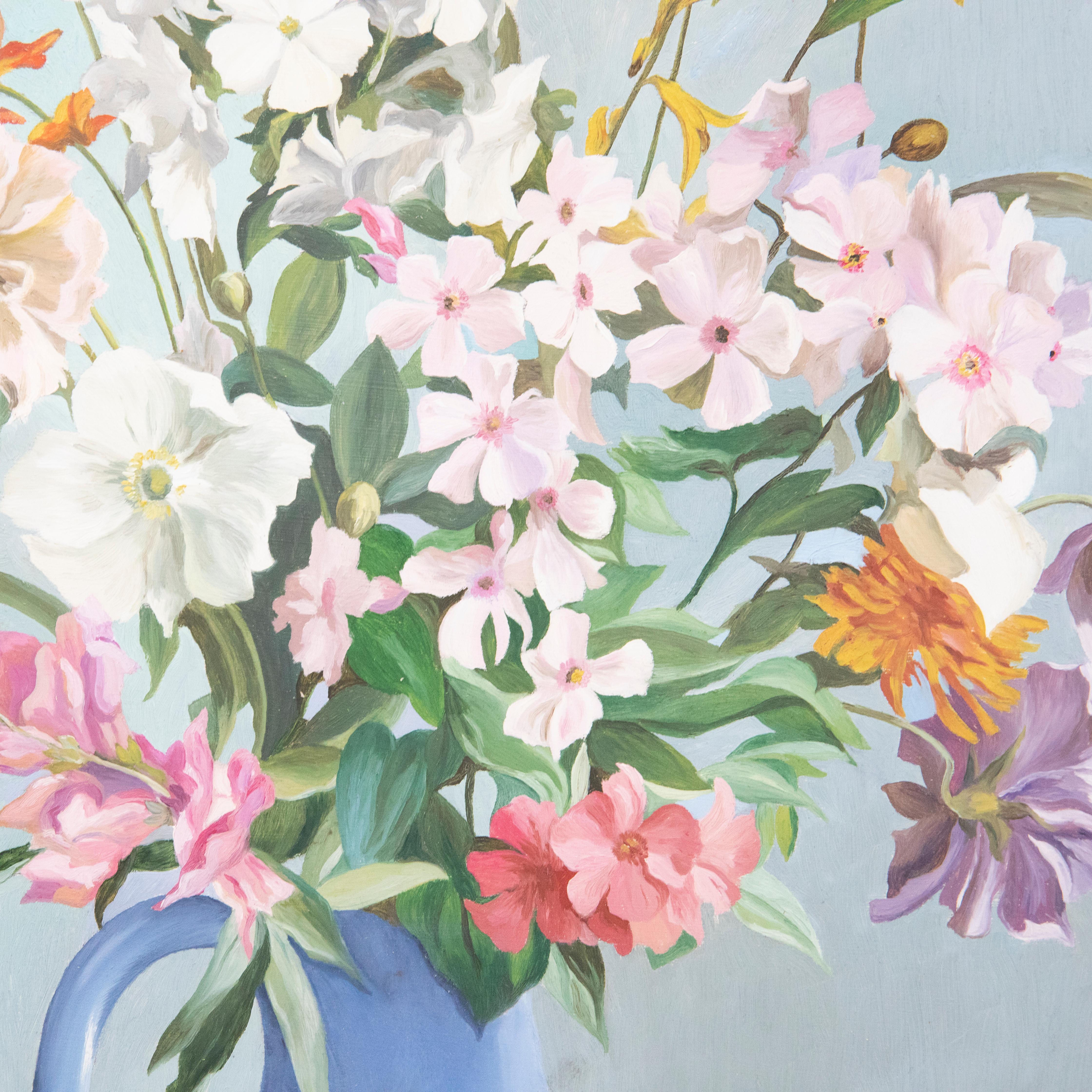 D. J. Brown - Óleo del siglo XX, Cosmos y Freesias - Still-Life Painting Gris de Unknown