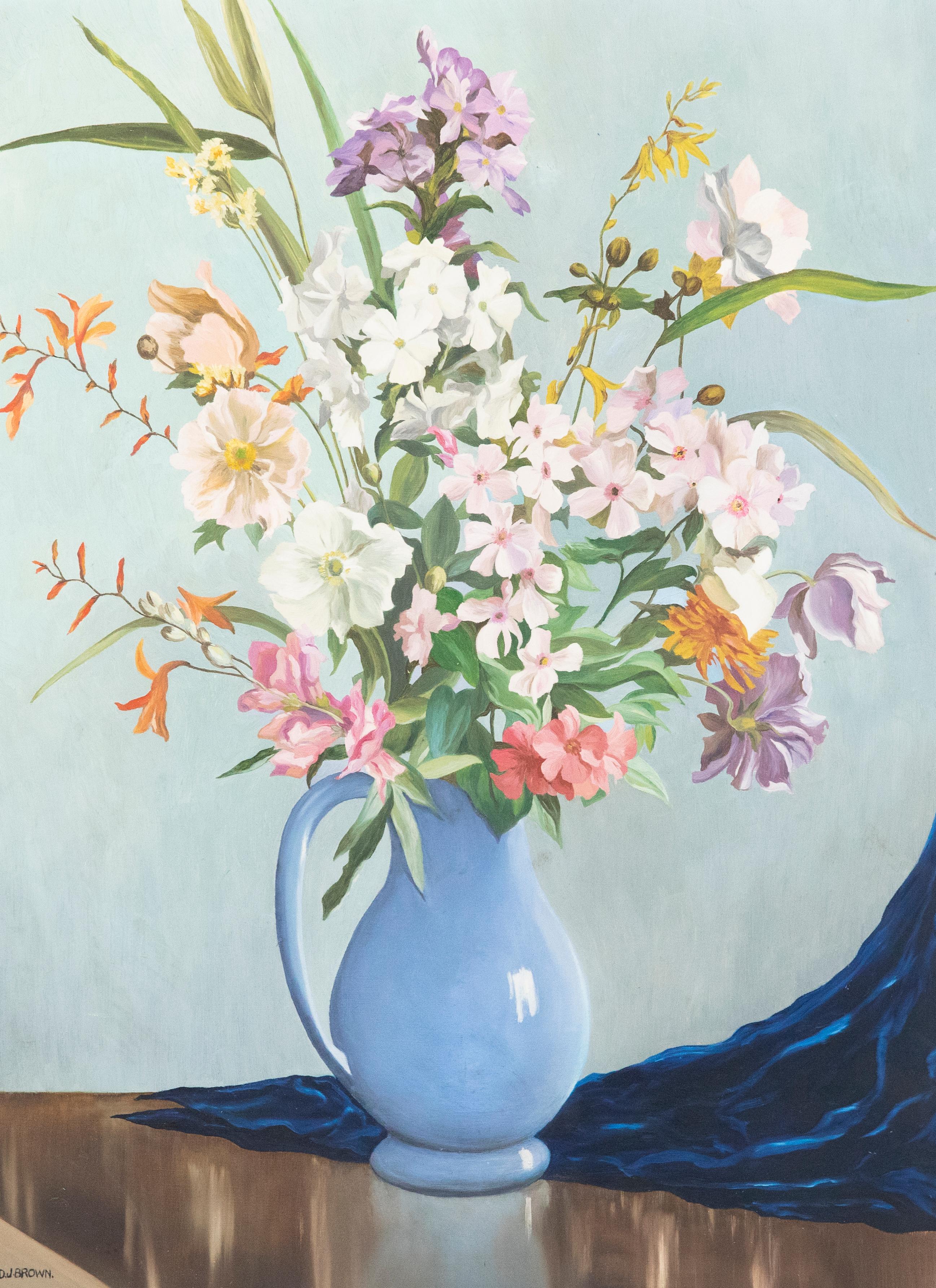 Still-Life Painting de Unknown - D. J. Brown - Óleo del siglo XX, Cosmos y Freesias