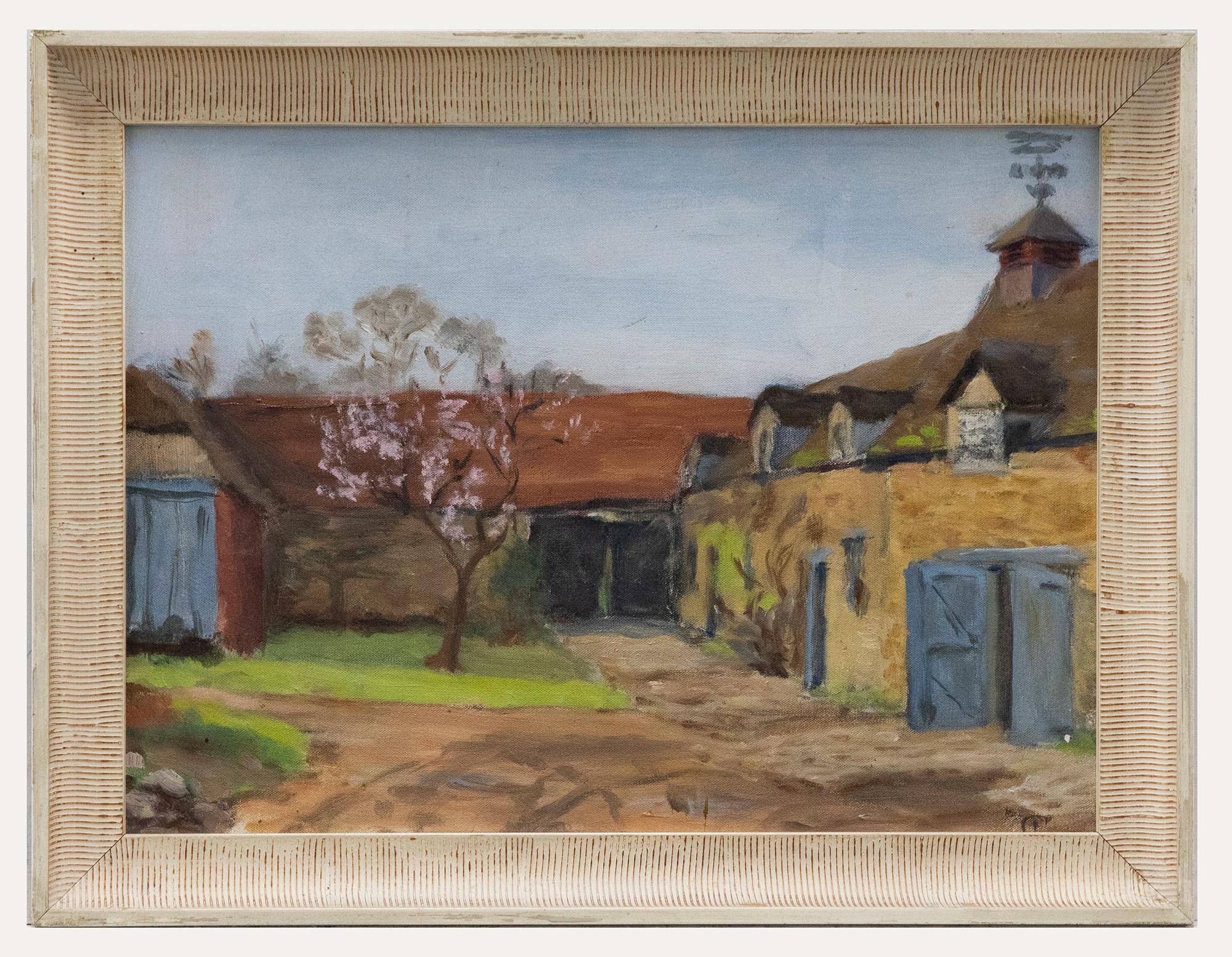 Landscape Painting Unknown - D. L. Chalk - Huile du 20e siècle encadrée, ferme au printemps